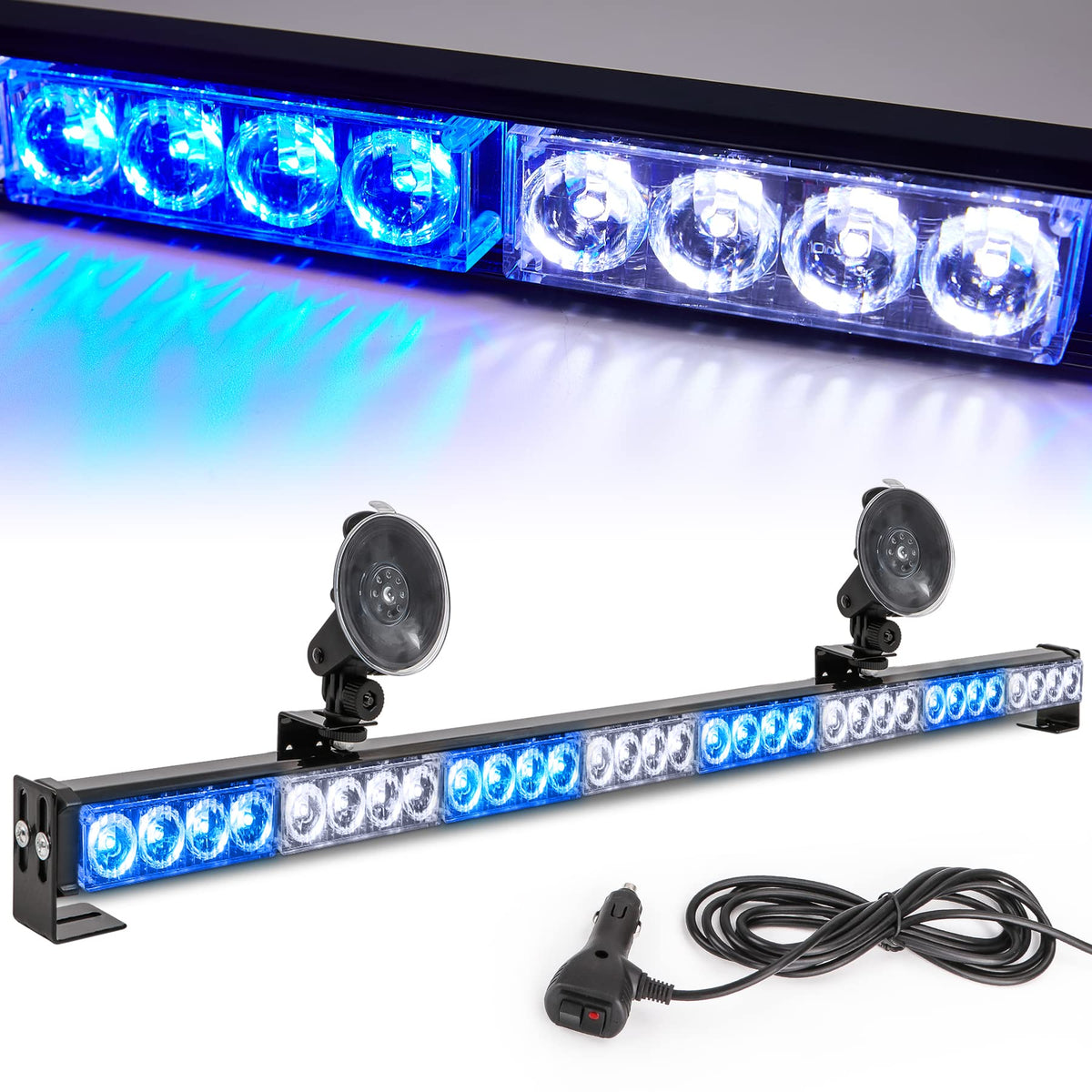 Le-Jx Blue/White Emergency Strobe Light Bar 36 Inch 13 Flash Patterns Traffic Advisor Warning Hazard Windshield Safety Lights Ba