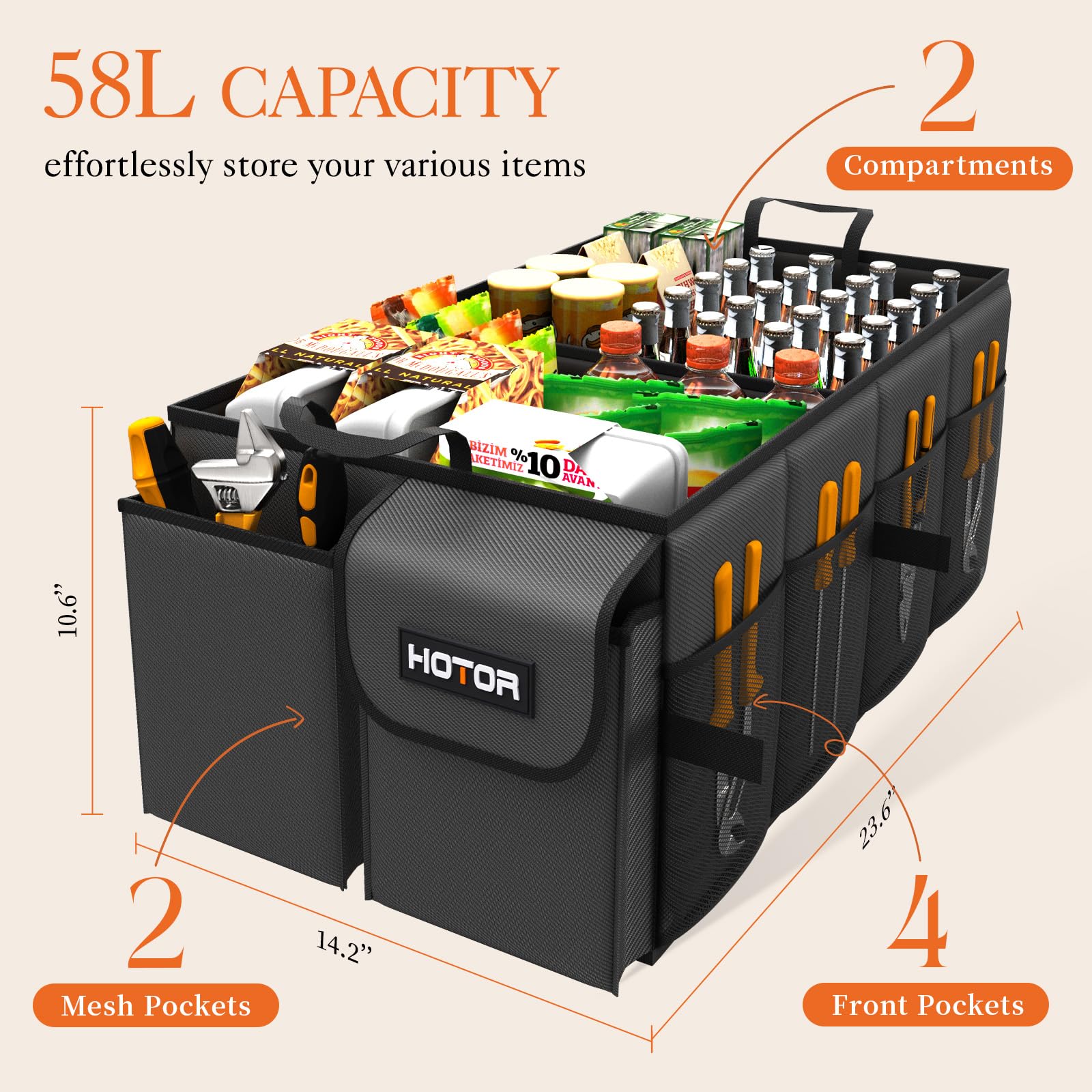 Hotor Foldable Trunk Organizer - Suvs & Sedans, Sturdy Car Organization With 2 Compartments, Black, 23.6 ''14.2 ''10.6 ''