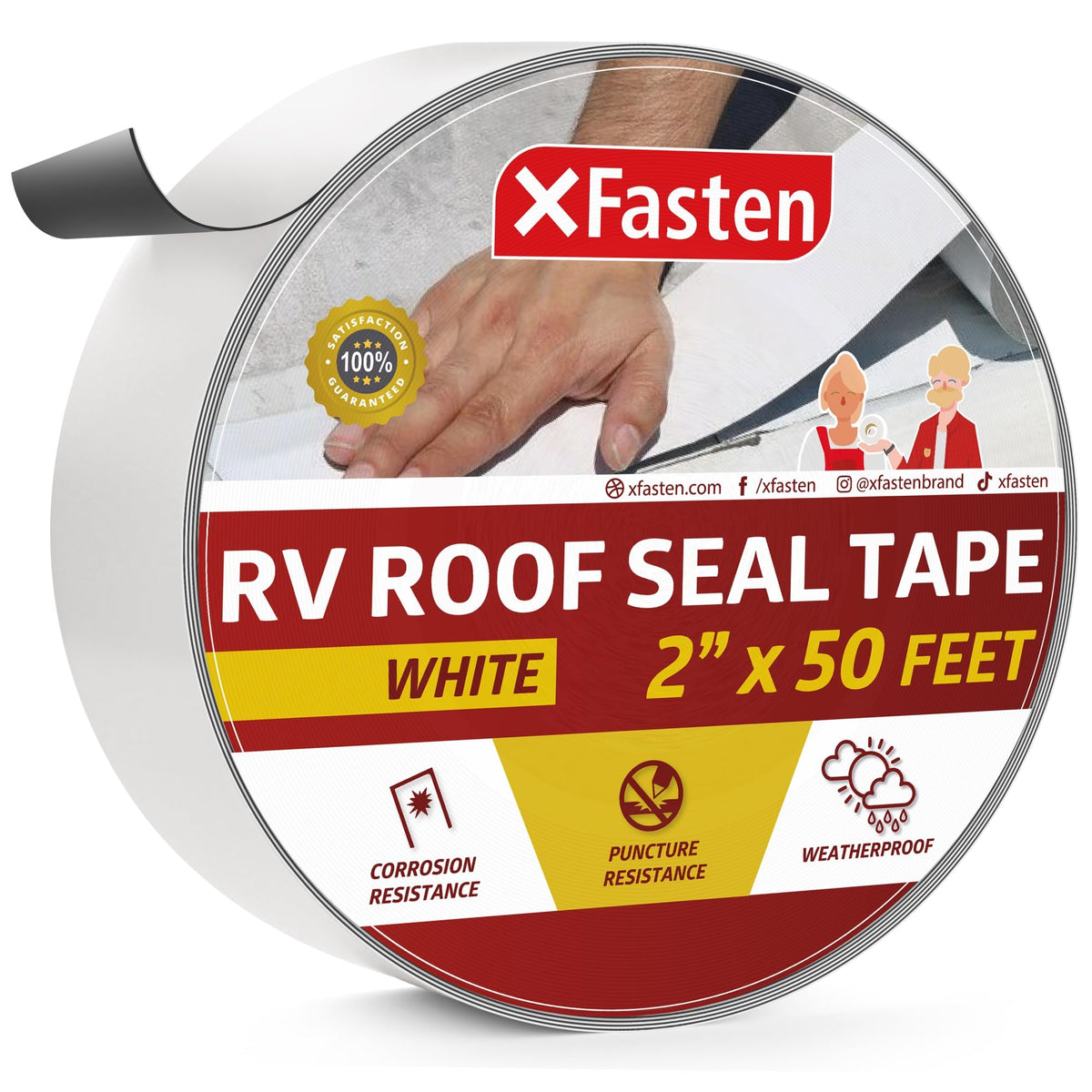 X Fasten Rv Repair Tape, White, 2-Inches X 50-Foot, Weatherproof Rv Rubber Roof Patch Tape For Rv Repair, Window, Vent, Boat Sealing, And Camper Roof Leaks
