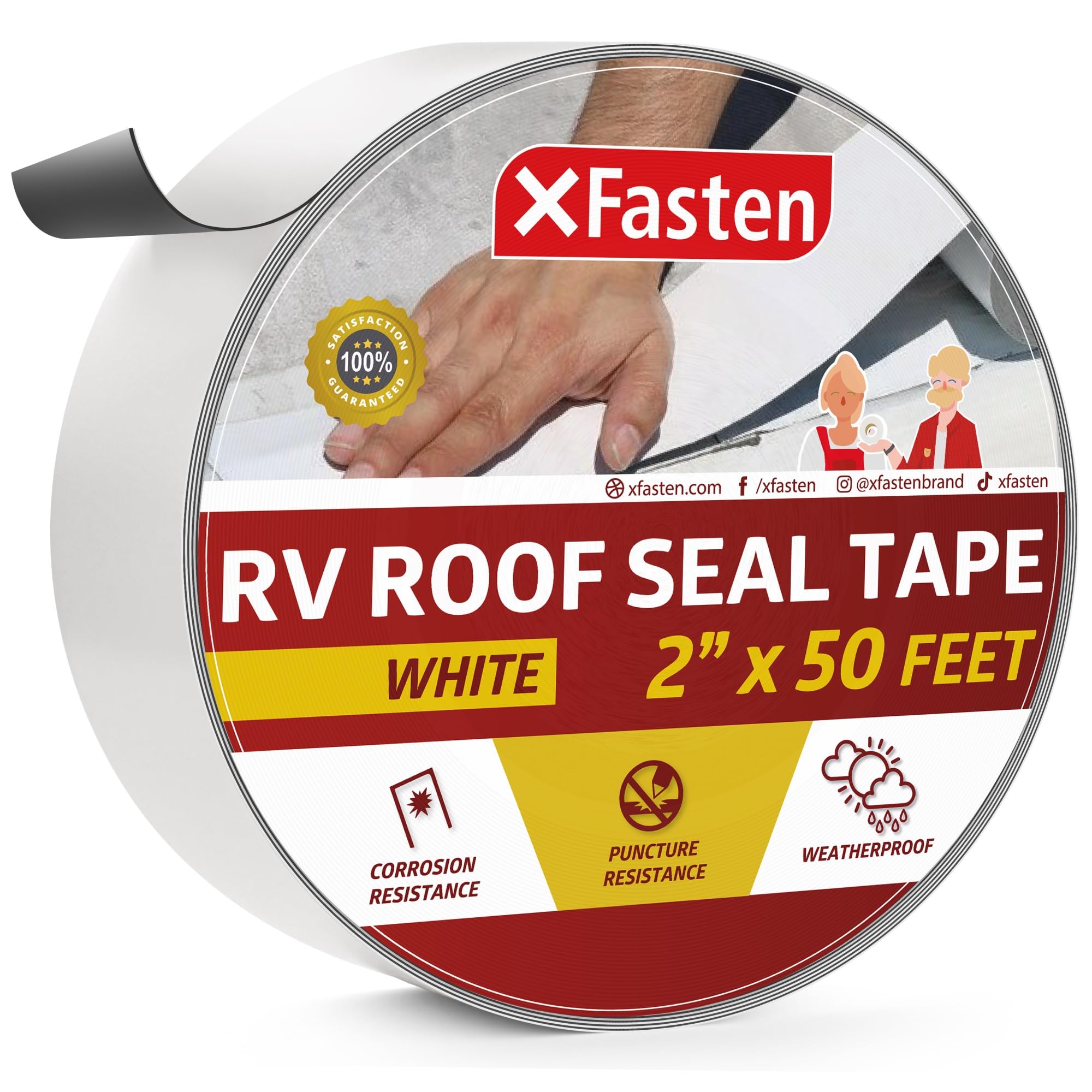 XFasten RV Repair Tape, White, 2-Inches x 50-Foot, Weatherproof RV Rubber Roof Patch Tape for RV Repair, Window, Vent, Boat Seal