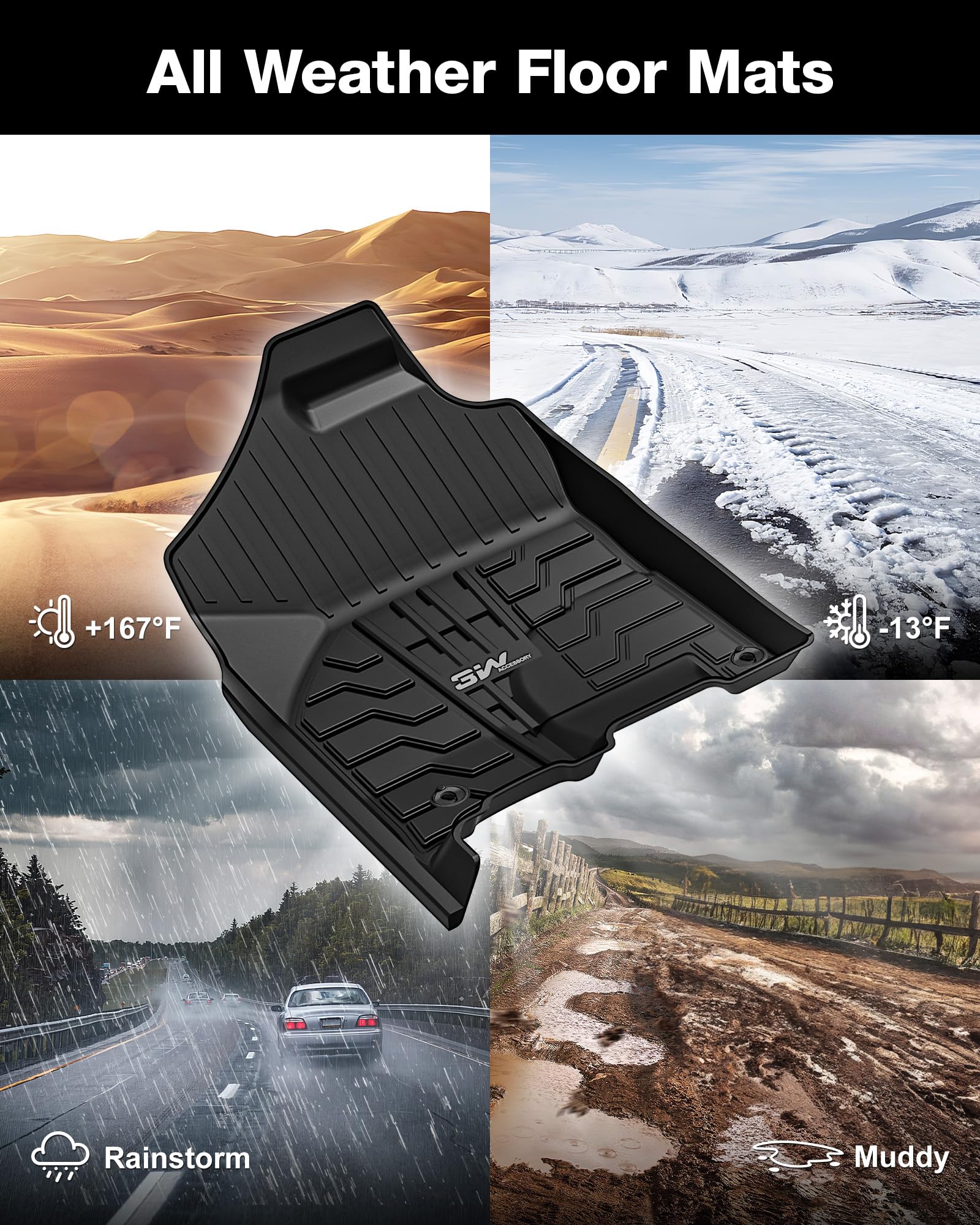 3W Floor Mats Fit For 2013-2018 Dodge Ram 1500/2500/3500 Crew Cab, 2019-2024 Dodge Ram 1500 Classic Crew Cab All Weather Tpe Cus