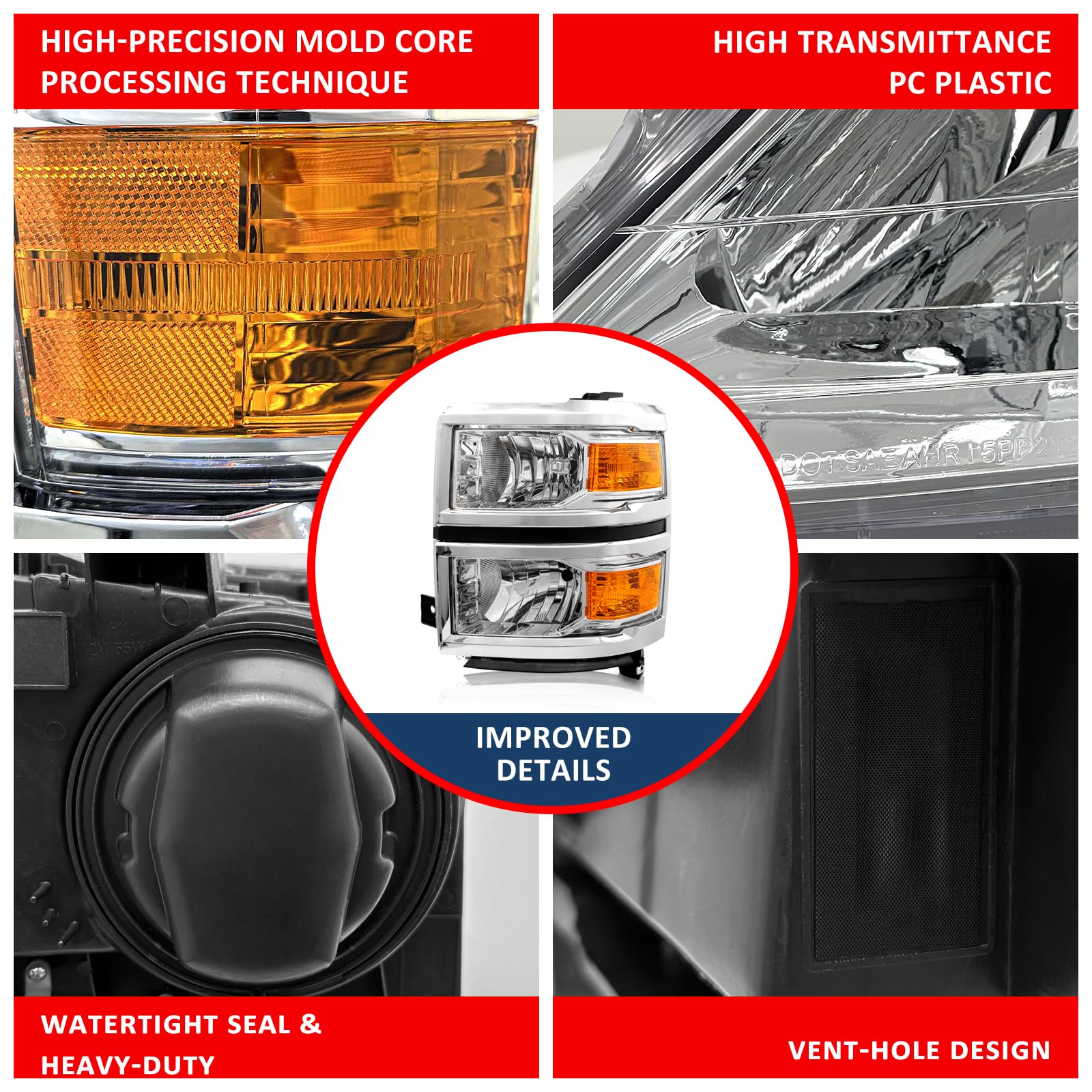 Adcarlights For 2014 2015 Chevy Silverado 1500 Headlight Assembly Chrome Housing With Amber Reflector Left And Right Pair