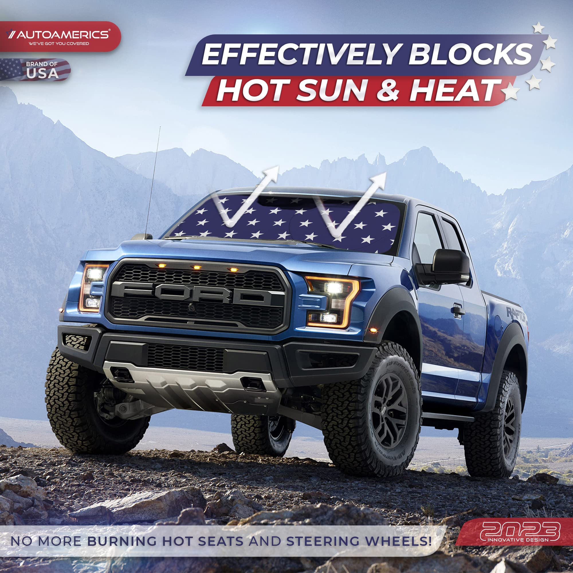 Autoamerics Truck Windshield Sun Shade With Storage Pouch & Anti-Slip Dash Pad - Foldable Usa Stars Flag Design - Fits Most Suvs