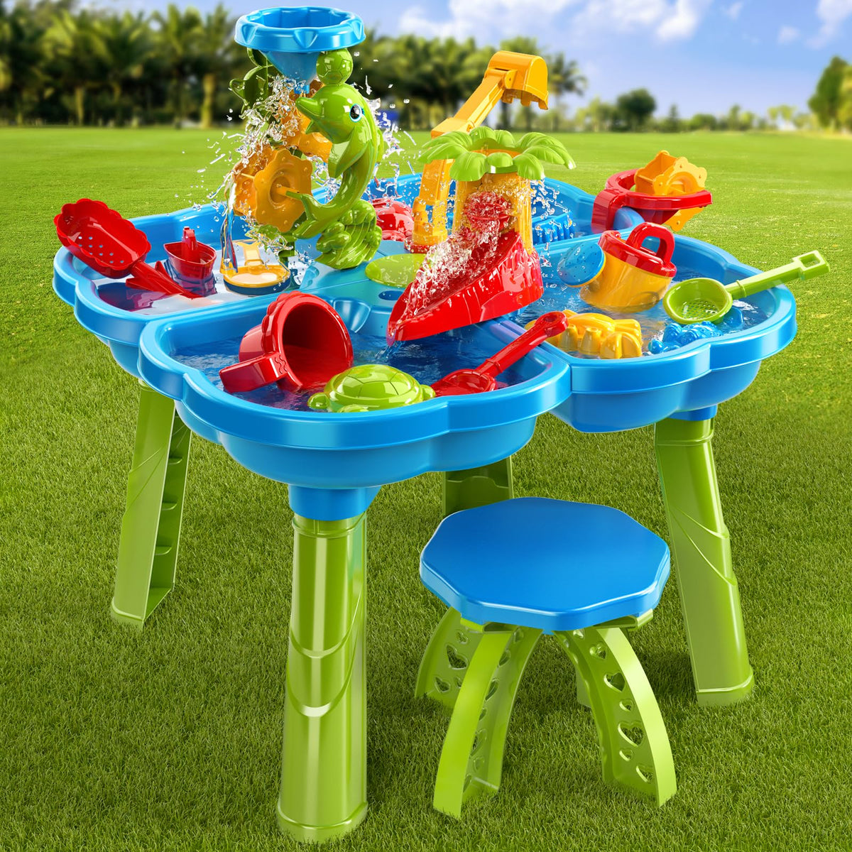 Temi 4-In-1 Kids Sand Water Table For Toddlers 3-5, 32Pcs Sandbox Table Kids Activity Sensory Play Table Summer Outdoor Toys For