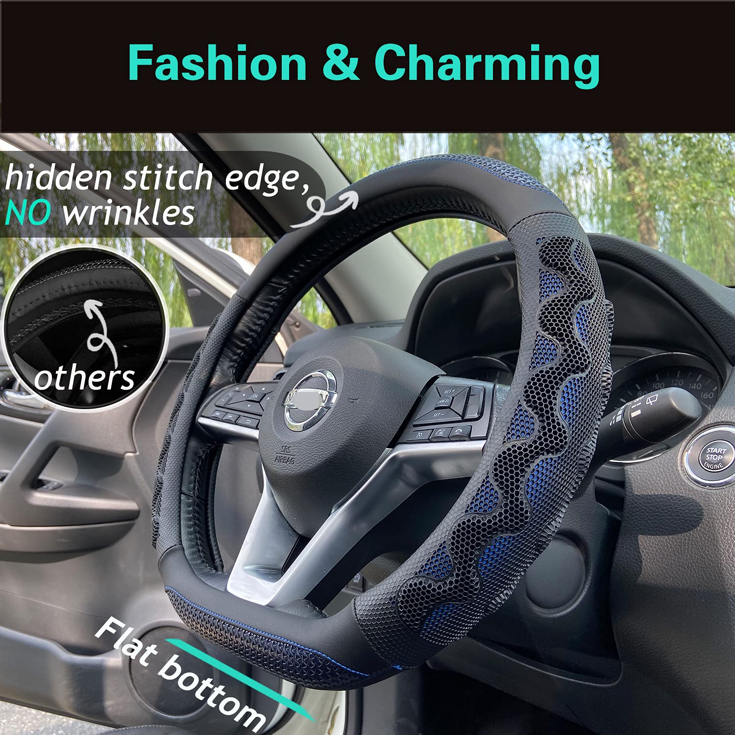 Pinctrot D Shaped 14.5-15 Inch Steering Wheel Cover Great Grip With 3D Honeycomb Anti-Slip Design, Flat Bottom 14.5-15 Inch (Blu
