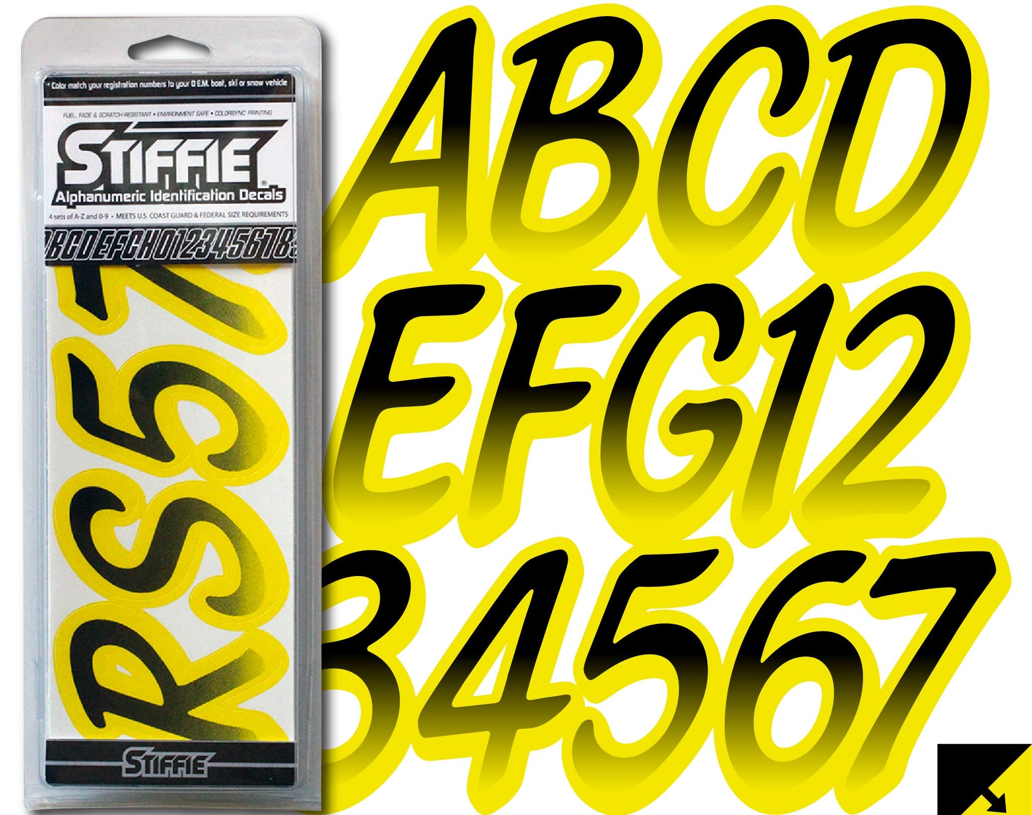STIFFIE Whipline Black/Electric Yellow 3'' Boat & PWC Registration Decals  Numbers Letters Stickers