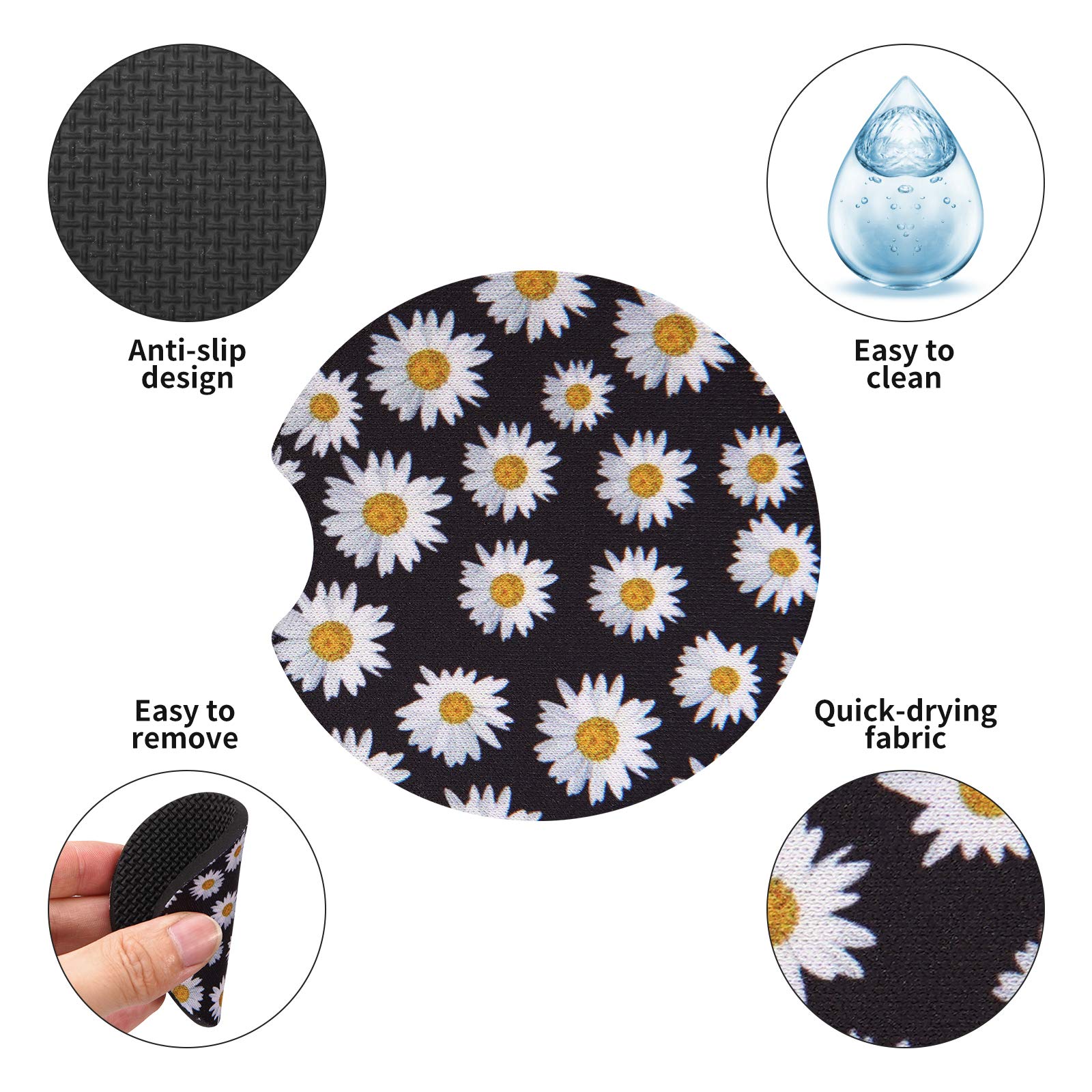tifanso Car Cup Drink Holder Coaster, 2 Pack Car Coasters for Cup Holders, Cute Vehicle Accessories for Women and Girl (Daisy)