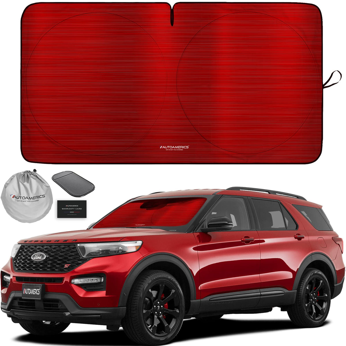 Autoamerics 1-Piece Windshield Sun Shade - Metallic Red Foldable Car Front Window Sunshade For Most Cars Suv Truck Heat Blocker