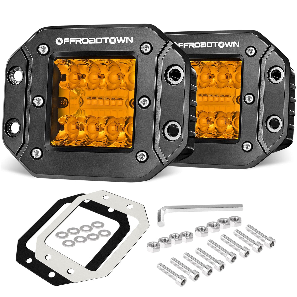 Amber Flush Mount Led Pods, Offroadtown 2Pcs 5'' 78W Led Driving Work Lights Spot Flood Combo Fog Light Yellow Lights For Truck