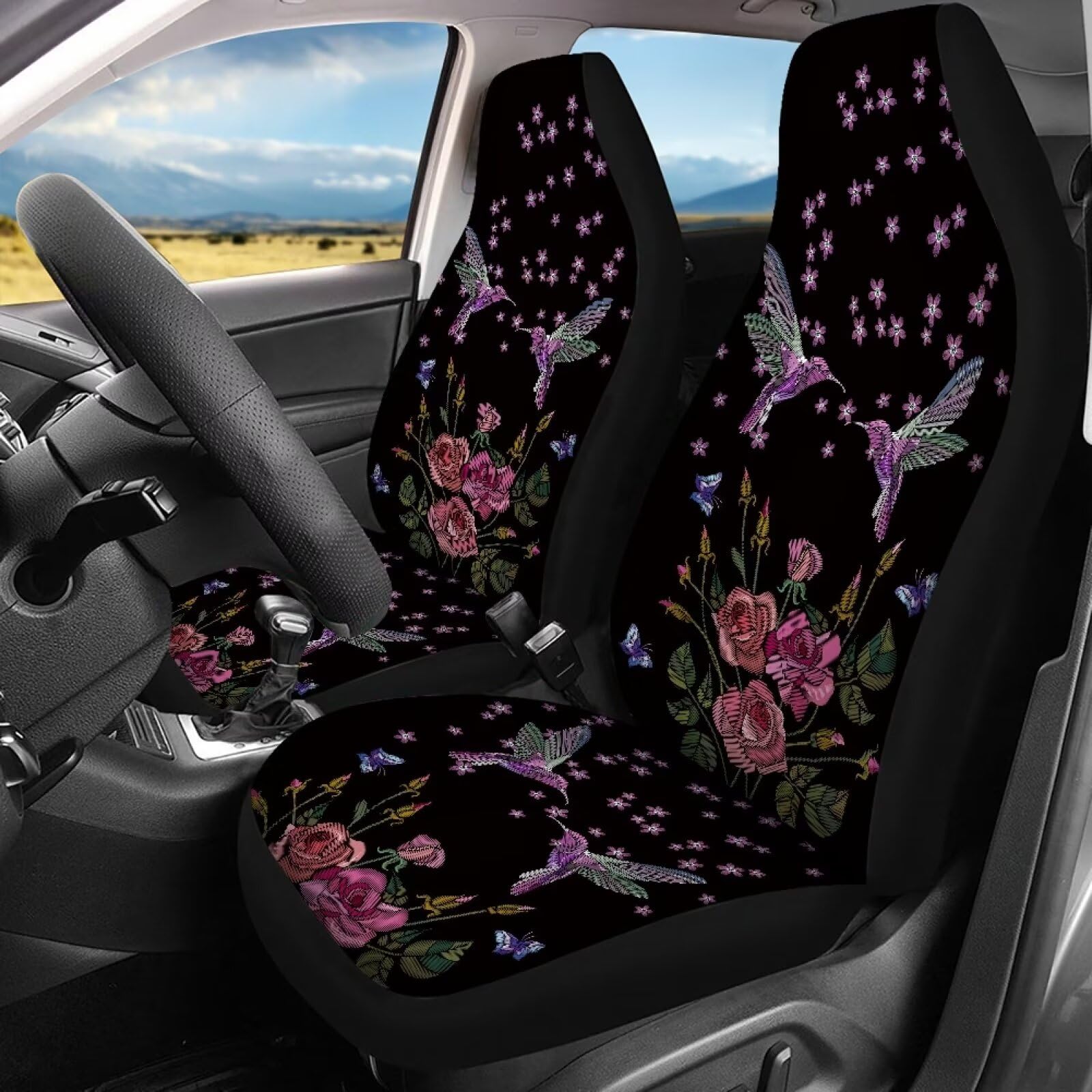 Tomeusey Hummingbird Floral Car Seat Covers Full Set Auto Seats Protector Universal Fit for Truck Sedan SUV Breathable Vehicle 2