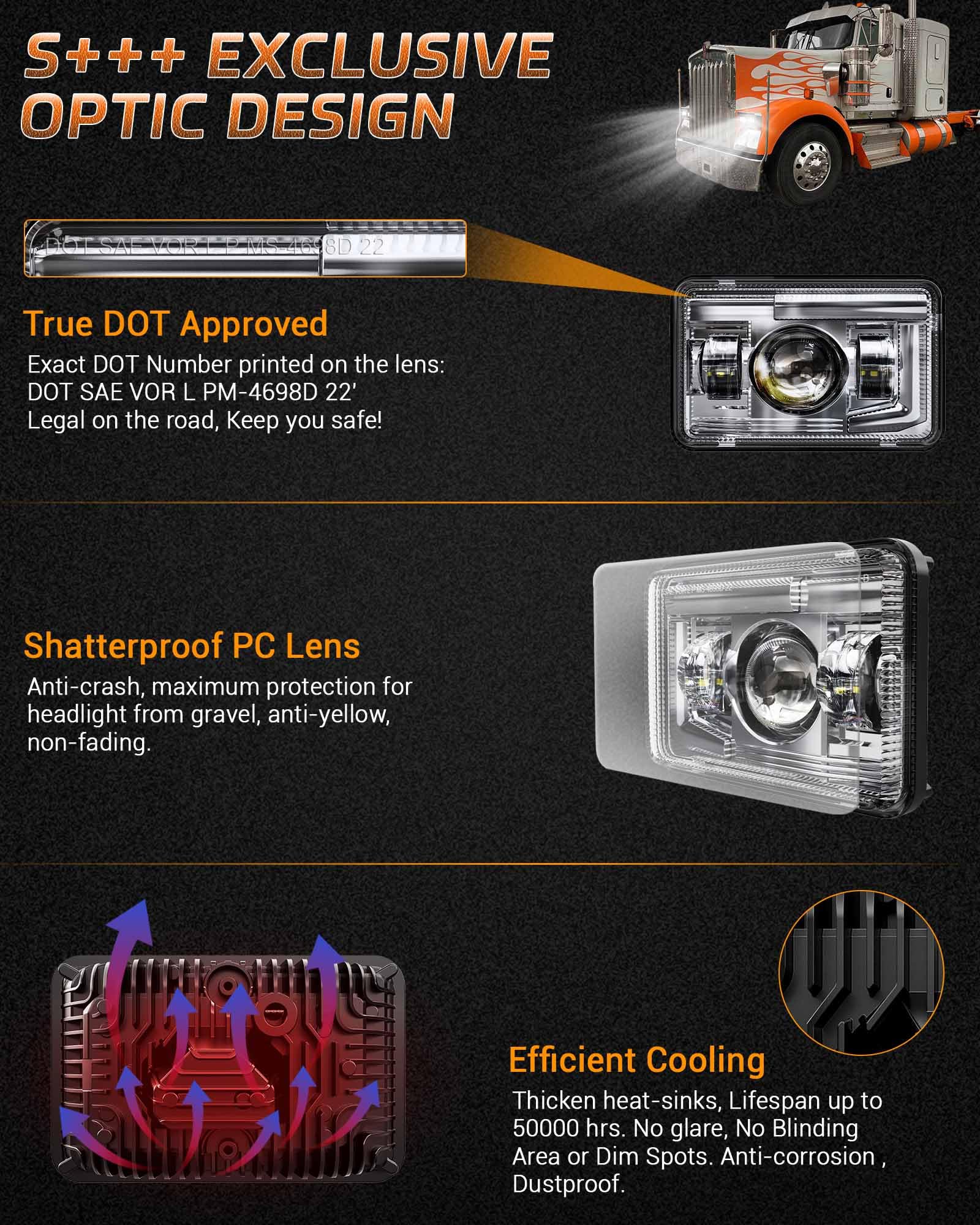 Z-Offroad Dot Approved 4X6 Led Headlights Assembly Hi/Lo Sealed Beam Compatible With Kw T800 T600 Peterbilt 379 Freightliner Che