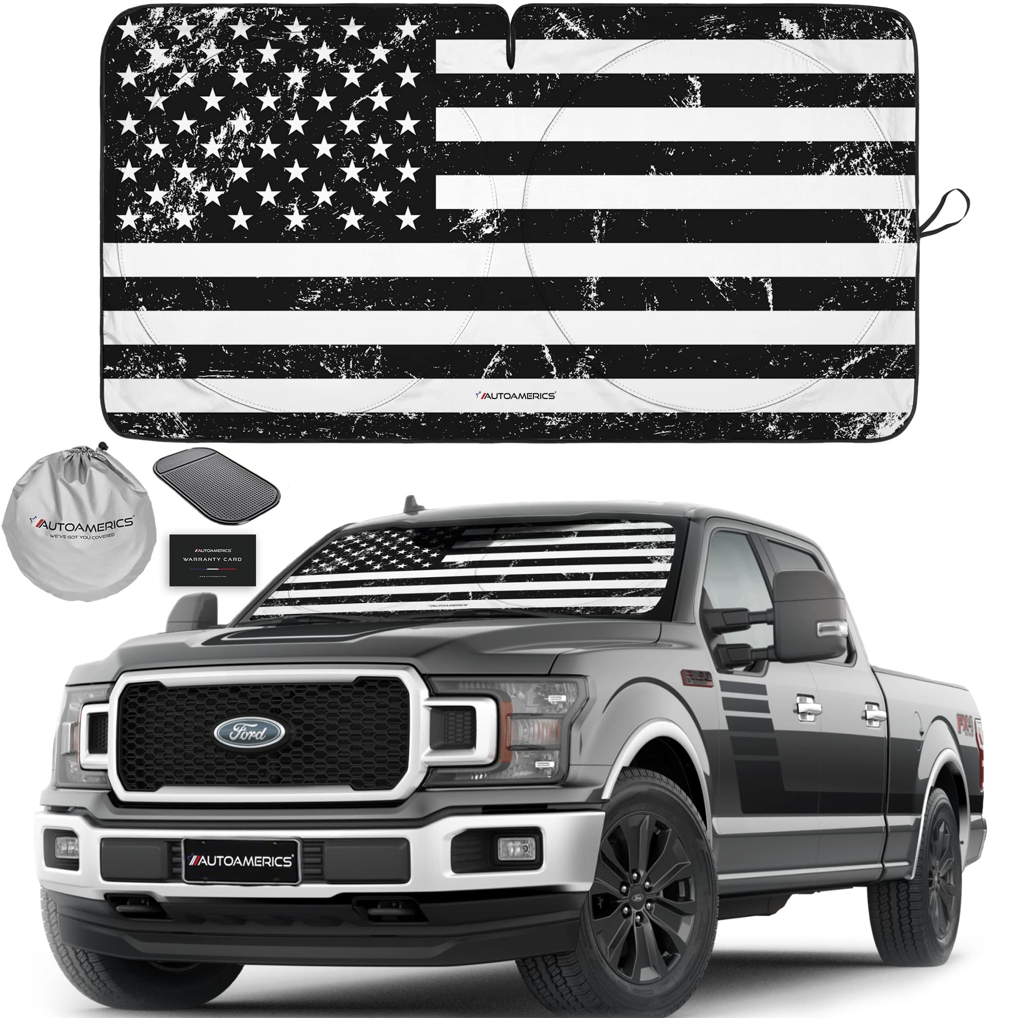 Autoamerics Truck Windshield Sun Shade With Storage Pouch & Anti-Slip Dash Pad - Foldable Grunge B&W Usa Flag Design - Fits Most