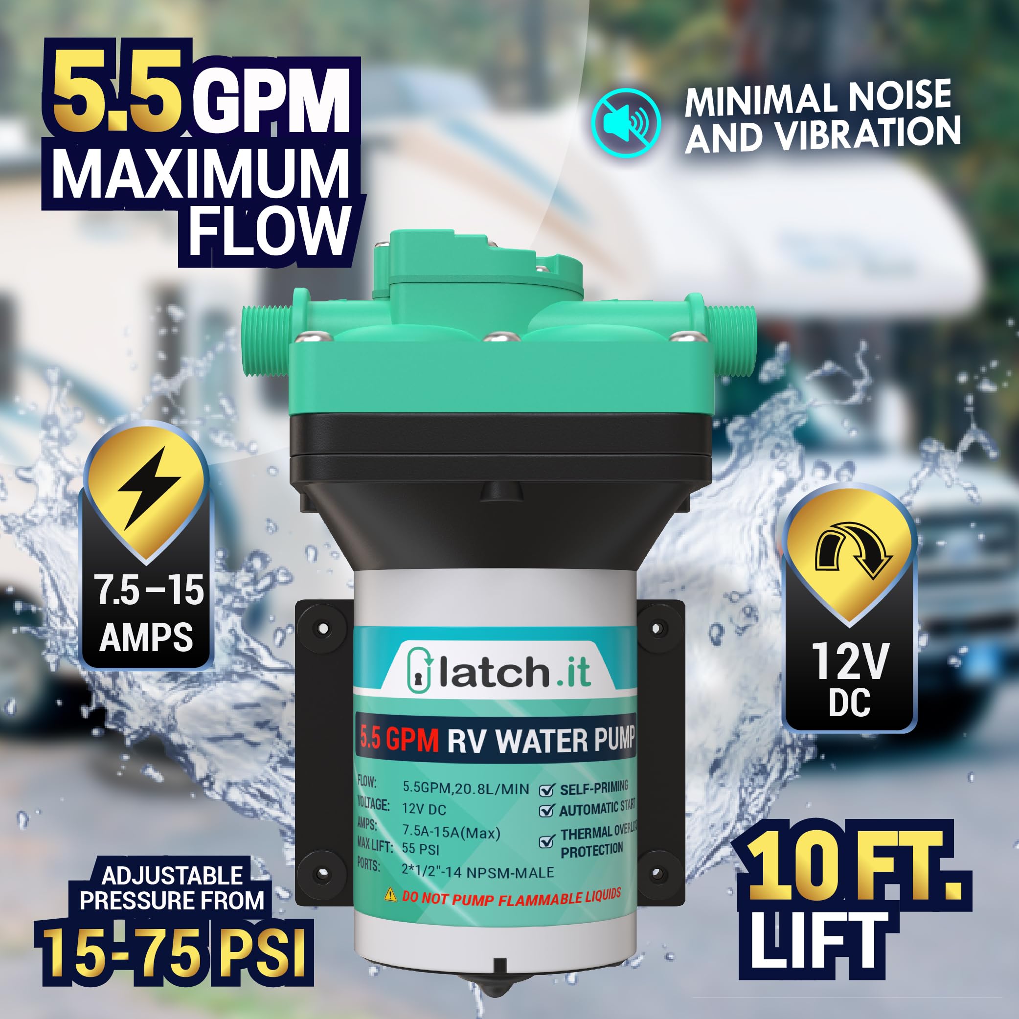 LATCH.IT RV Water Pump 12V | 5.5 GPM 50 PSI Camper Water Pump | 7 Ampere 12V WaterPump | Self Priming 12Volt WaterPump with Pres