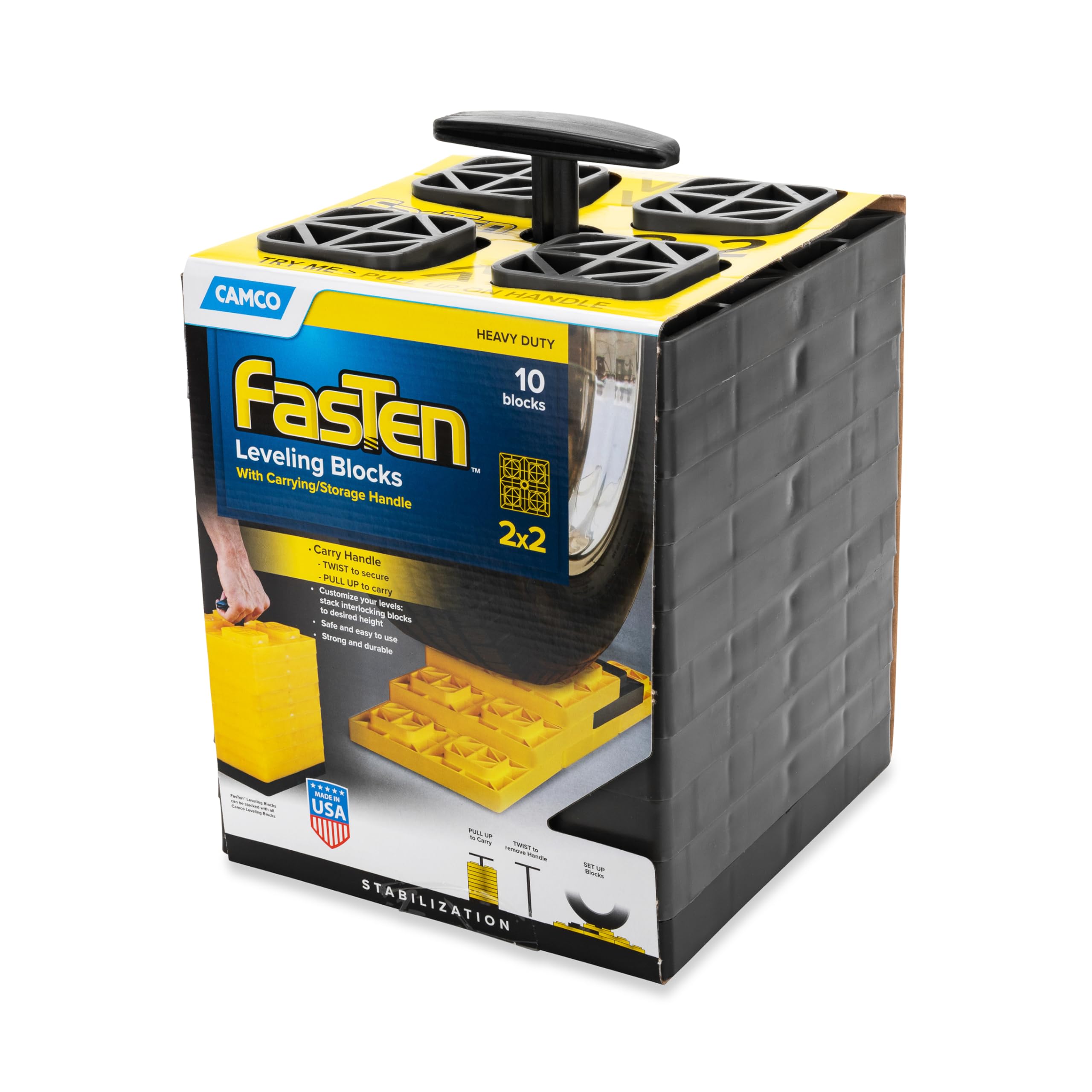Camco Fasten Camper/Rv Leveling Blocks - Features Interlocking Design For Customizable Height - Carrying Handle Twists To Secure
