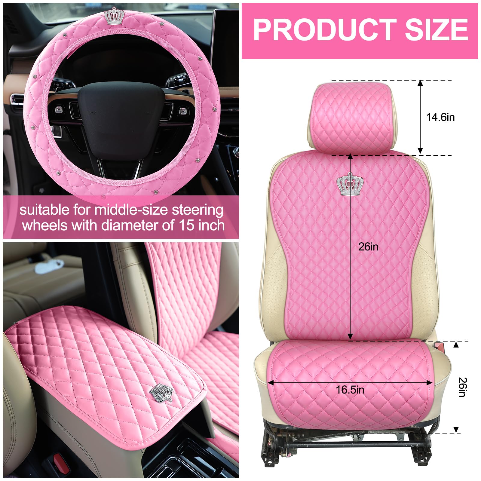 Tallew Pink Car Accessories Set Car Seat Covers Full Set Steering Wheel Cover Headrest Cover With Center Console Pad Cup Holders