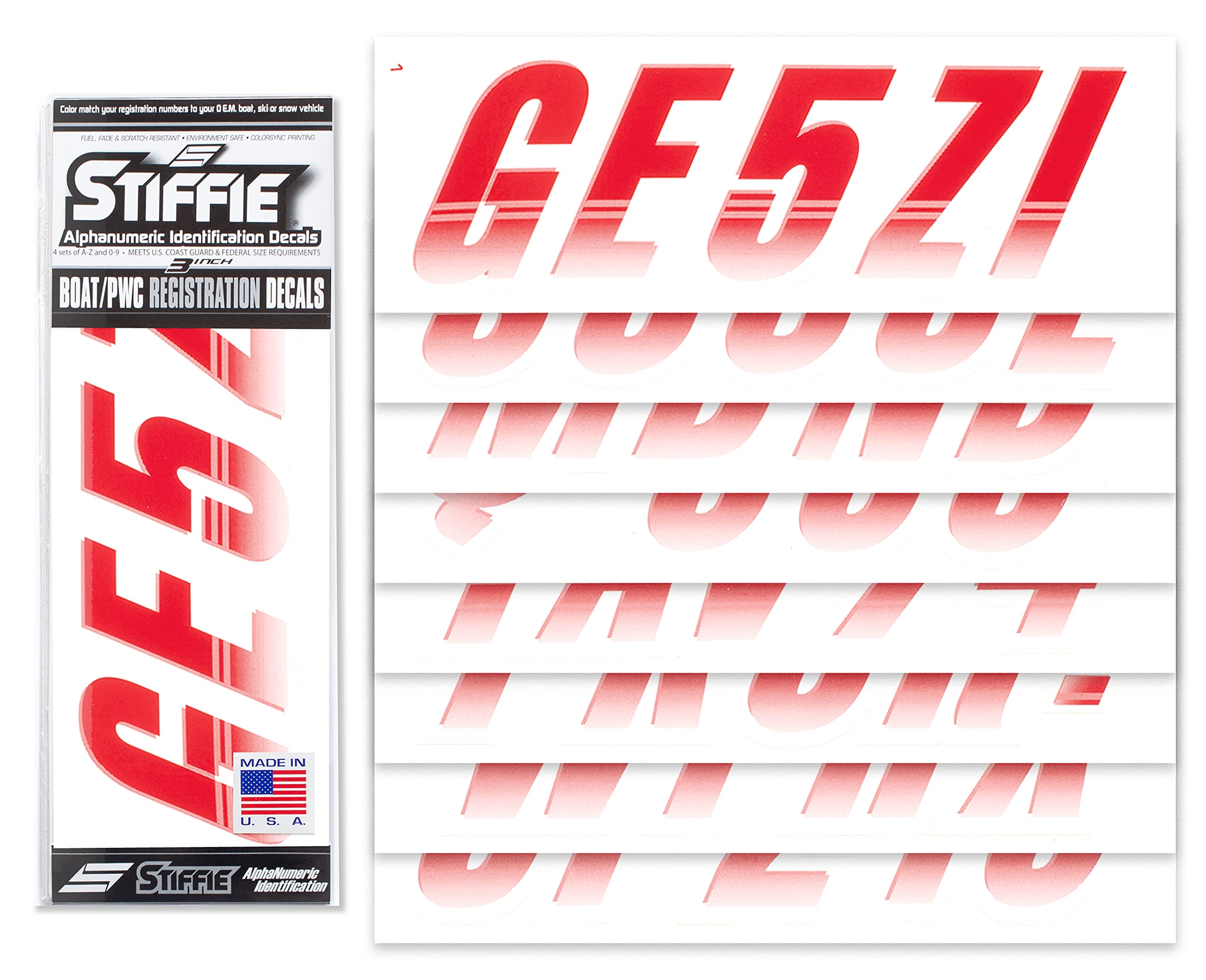 Stiffie Techtron Red/White 3 '' Boat & Pwc Registration Decals  Numbers Letters Stickers