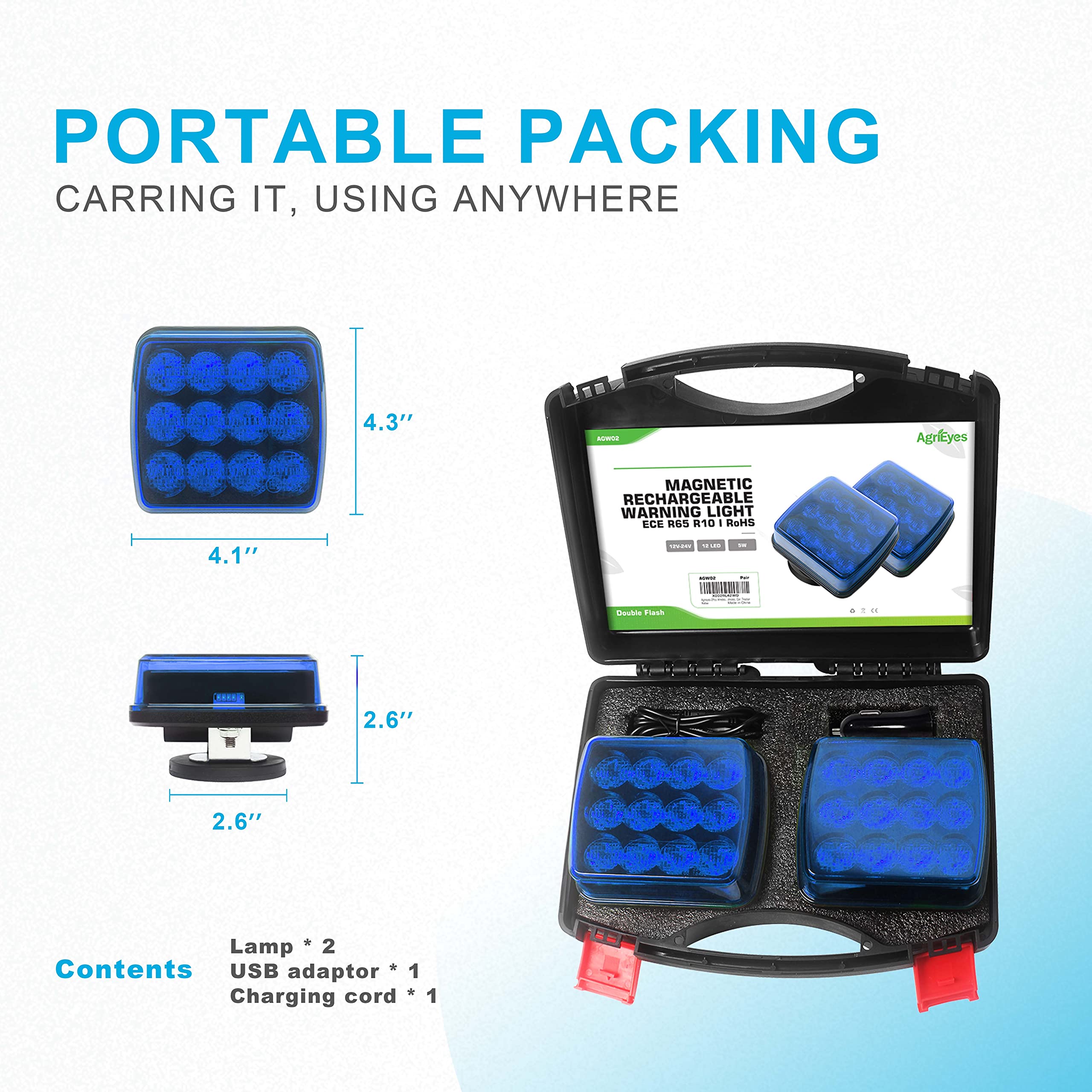 Agrieyes Blue Rechargeable Flashing Lights, Magnetic Strobe Light For Vehicles, Wireless Warning Hazard Beacon Lights For Trucks