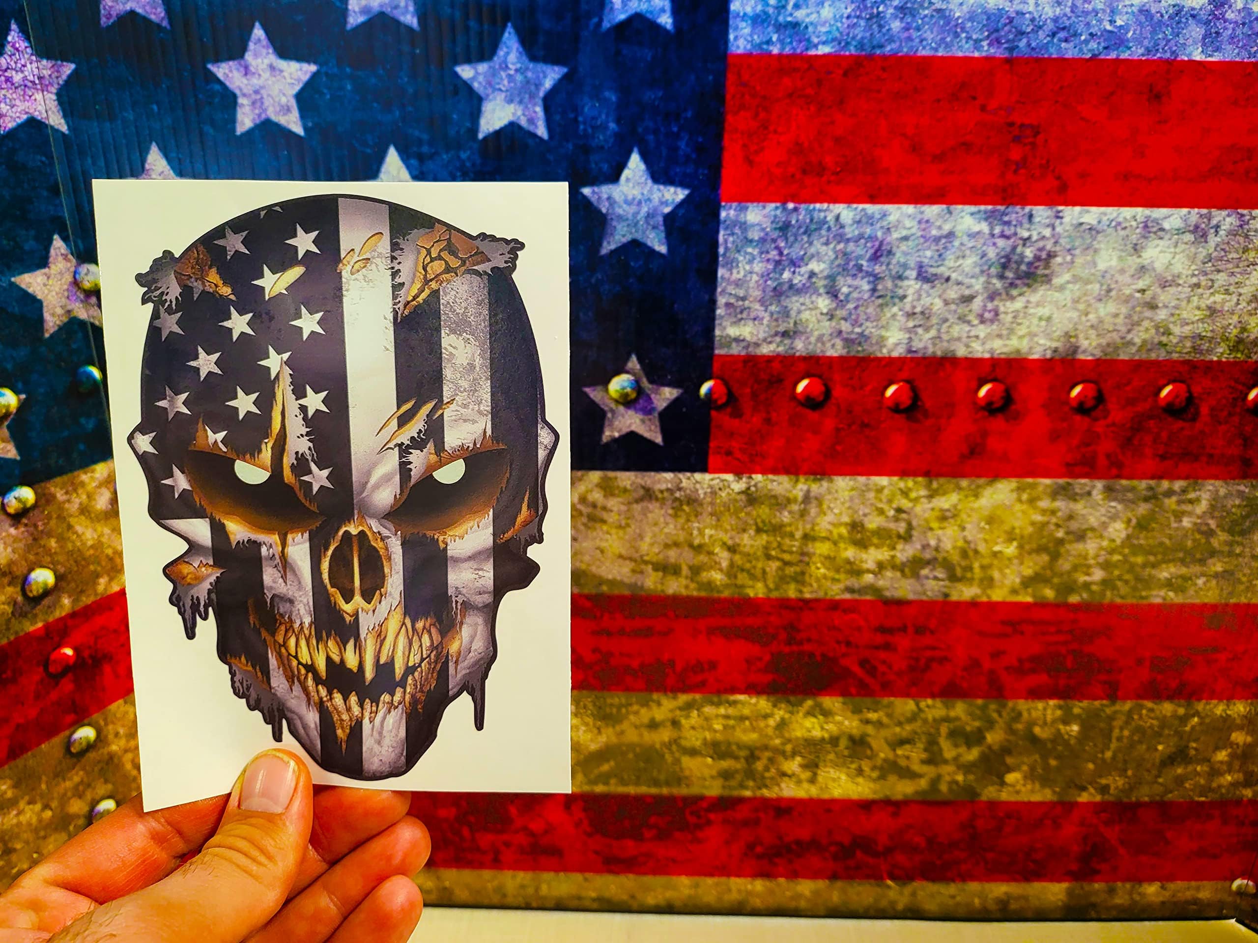 Skull With Reflective Eyes American Flag Vinyl Decal Stickers Car Truck Sniper Marines Army Navy Military Graphic