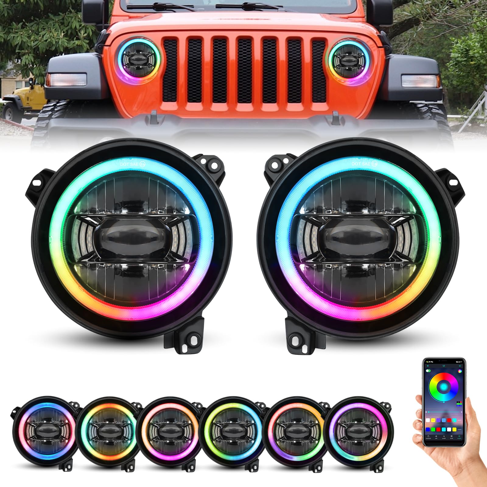 Beeyeo 9 Inch Led Headlights Rgb Halo Ring 9    Round Front Head Light, Remote Phone App Control Dot Approved For Wrangler Jl 20