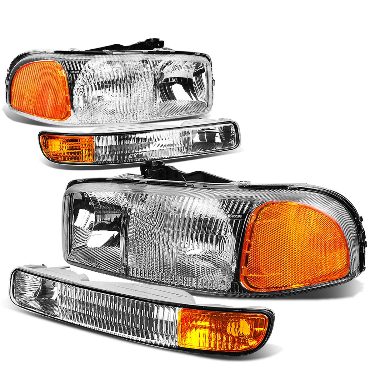 DNA MOTORING HL-OEM-SIE99-4P-CH-AM Chrome Amber Headlights Compatible with 99-07 Sierra Yukon