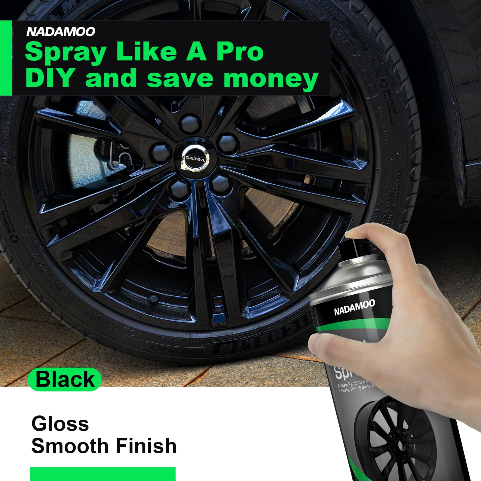 Nadamoo Aluminum Wheel Spray Paint, Aerosol Paint For Car Rim Recolor And Protection Of Metal Surface, Gloss Black, 2 Cans, 13 O