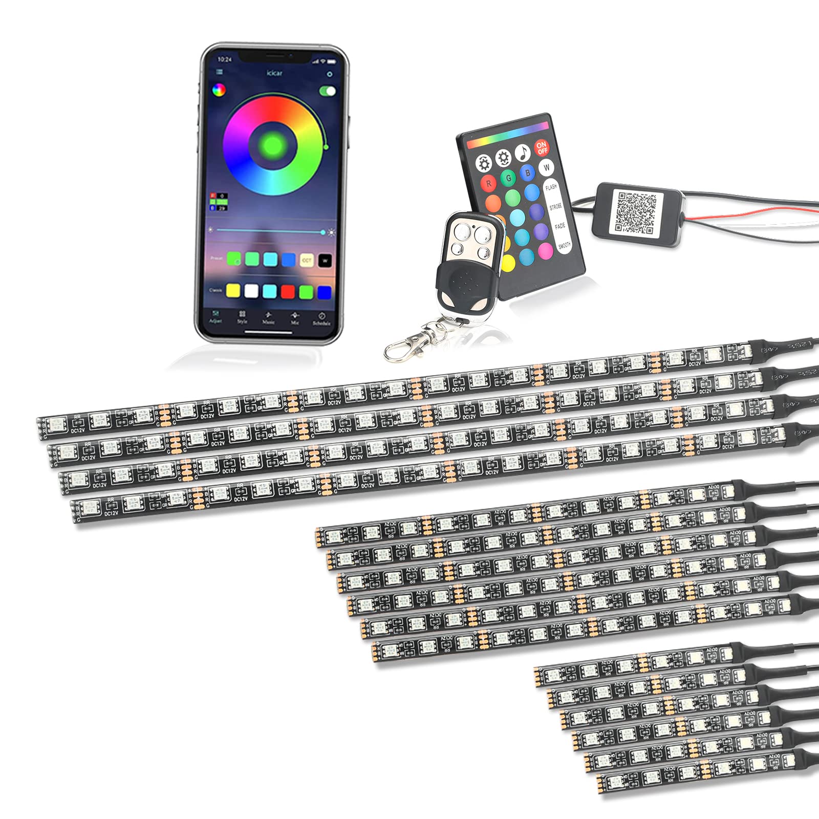 16pcs Motorcycle LED Light Kit, QIRUIMY Motorcycle Lights Underglow Kit with APP/IR/RF Wireless Remote Control, Bluetooth Neon L