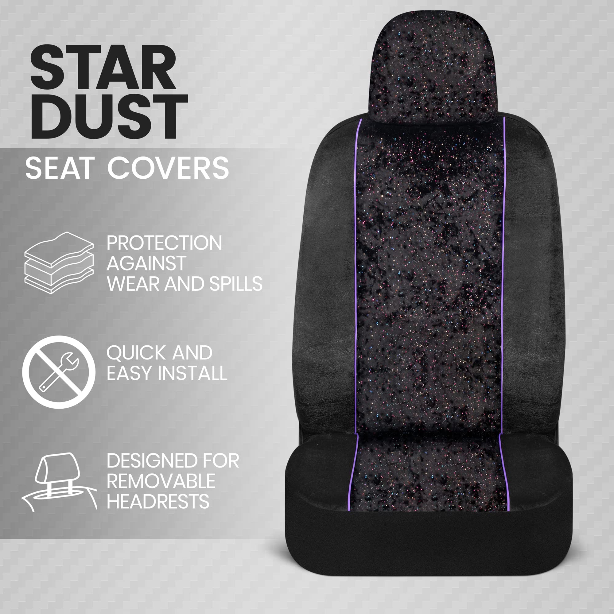 Bdk Black Stardust Car Seat Covers For Front Seats, 2 Count.Glitter Pattern Front Seat Cover Set With Matching Headrest, Sideles