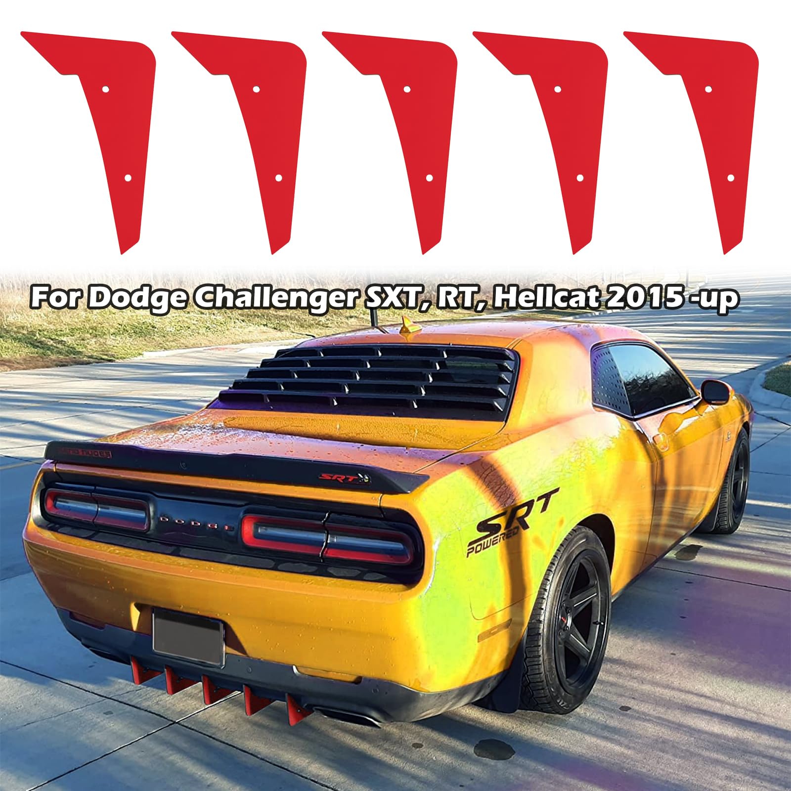 Rear Diffuser V3 5 Fins Set For Dodge Challenger 2015-2024 Stock Rear Bumper, Red Rear Bumper Diffuser Shark Fins