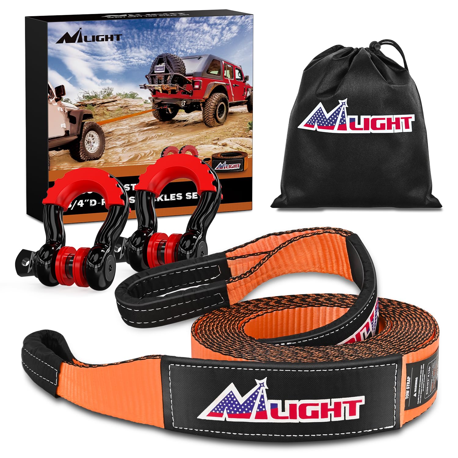 Nilight 3'' x 30' Recovery Tow Strap Kit with 2Pcs 3/4'' Anti-Theft D-Ring Shackles and Storage Bag Heavy Duty Off Road Emergenc