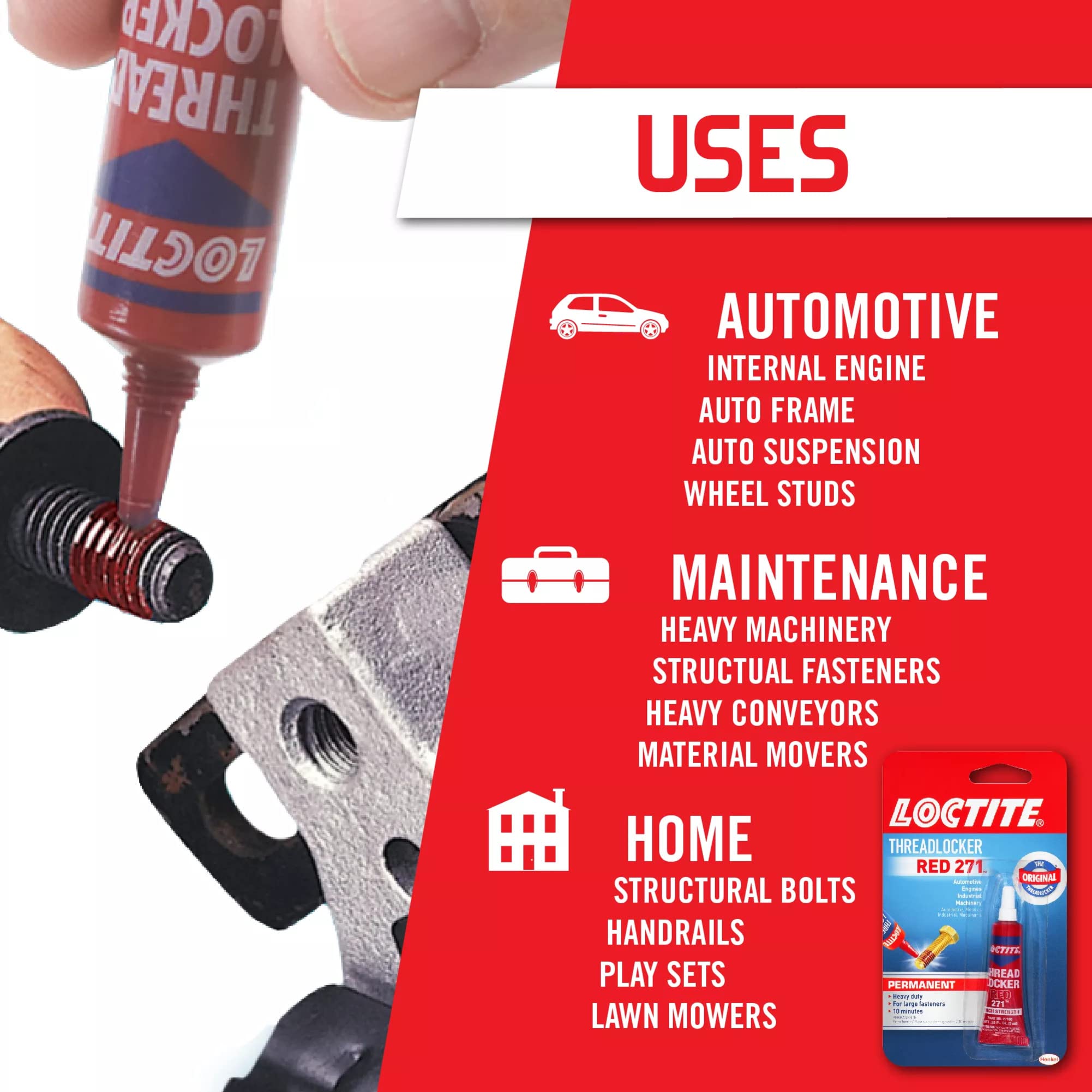 Loctite Threadlocker Red 271 - Permanent Thread Lock Glue For Nuts, Bolts, & Fasteners, High Strength Screw Glue To Prevent Loos