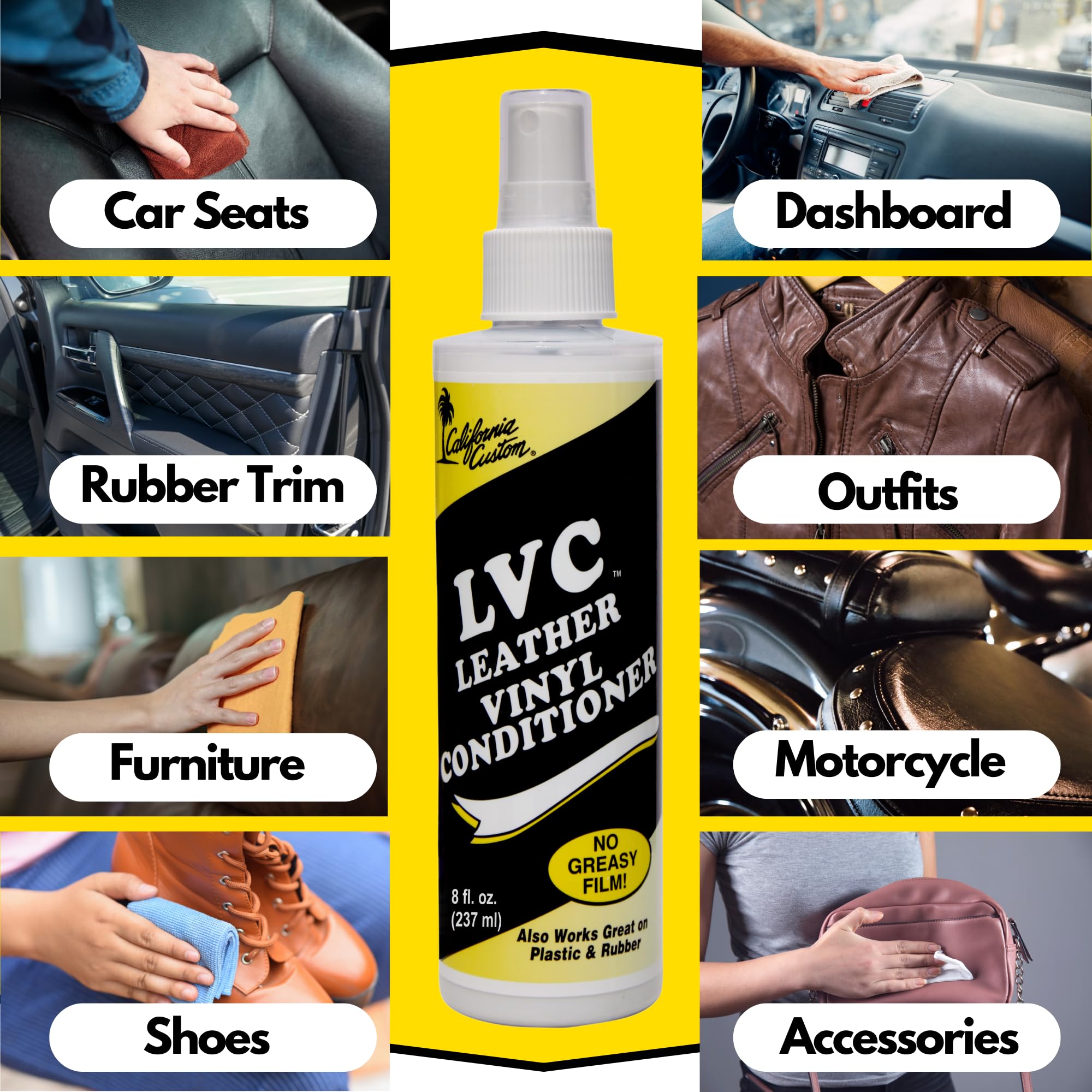 California Custom – Leather Vinyl Conditioner Lvc, Protect Your Leather, Rubber, Plastic And Vinyl From Wearing, Drying & Cracking. No Greasy Film. Will Not Attract Dust! - 8 Fl. Oz.