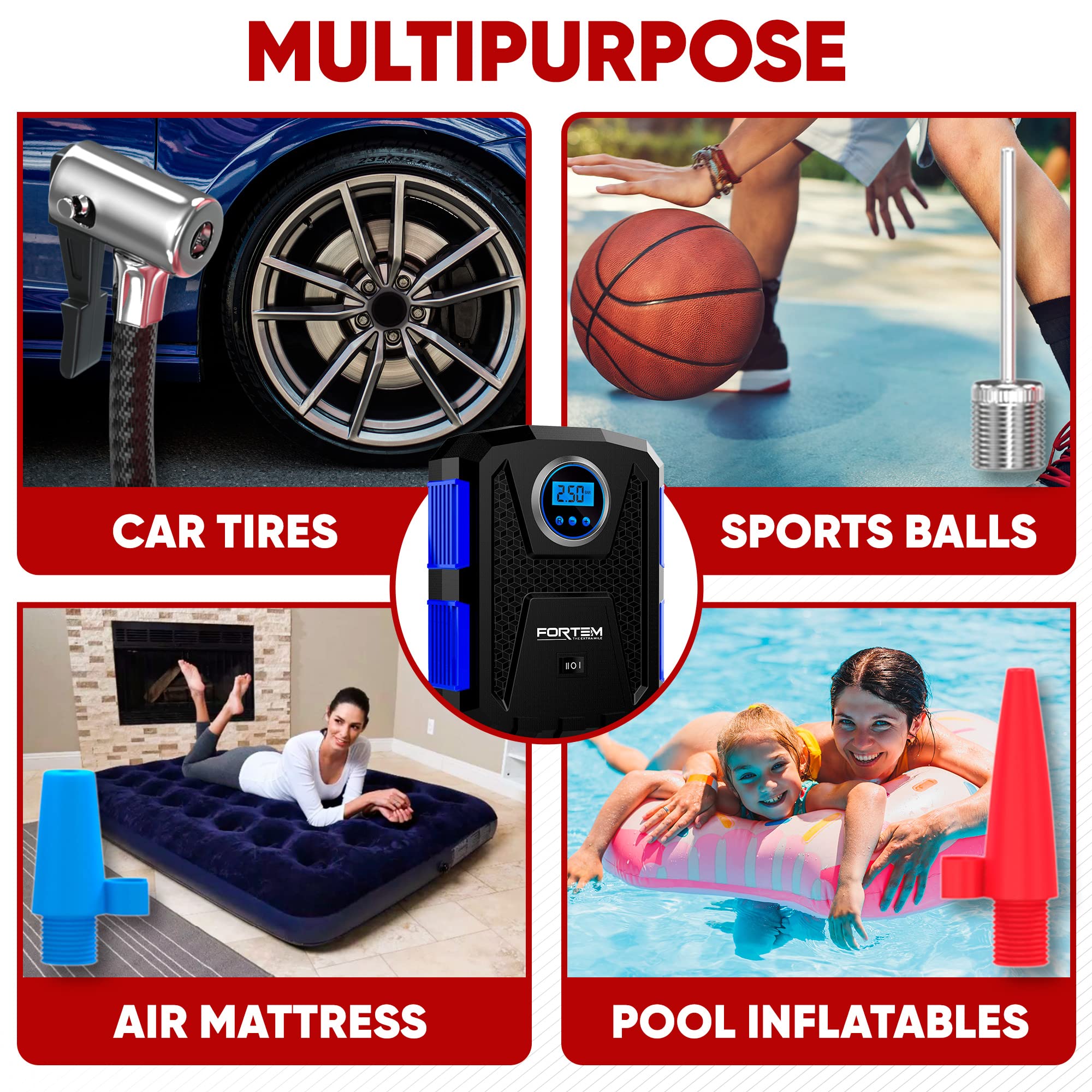 Fortem Tire Inflator Portable Air Compressor 150 Psi, Bike Pump, 12V Electric Air Pump For Car Tires And Bicycles W/Led Light, D