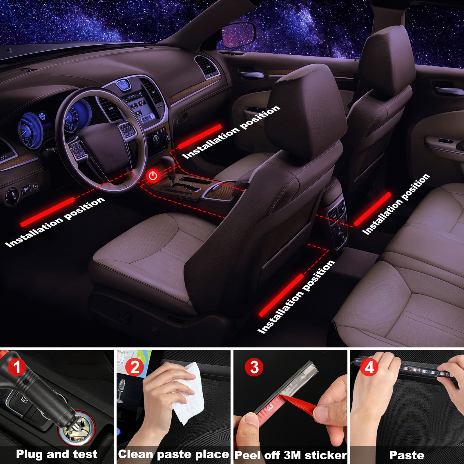 Sunva Car Led Strip Light Interior, Sound Active 4 Lines 48 Leds Multicolor Music Sync Interior Car Lights Under Dash Waterproof