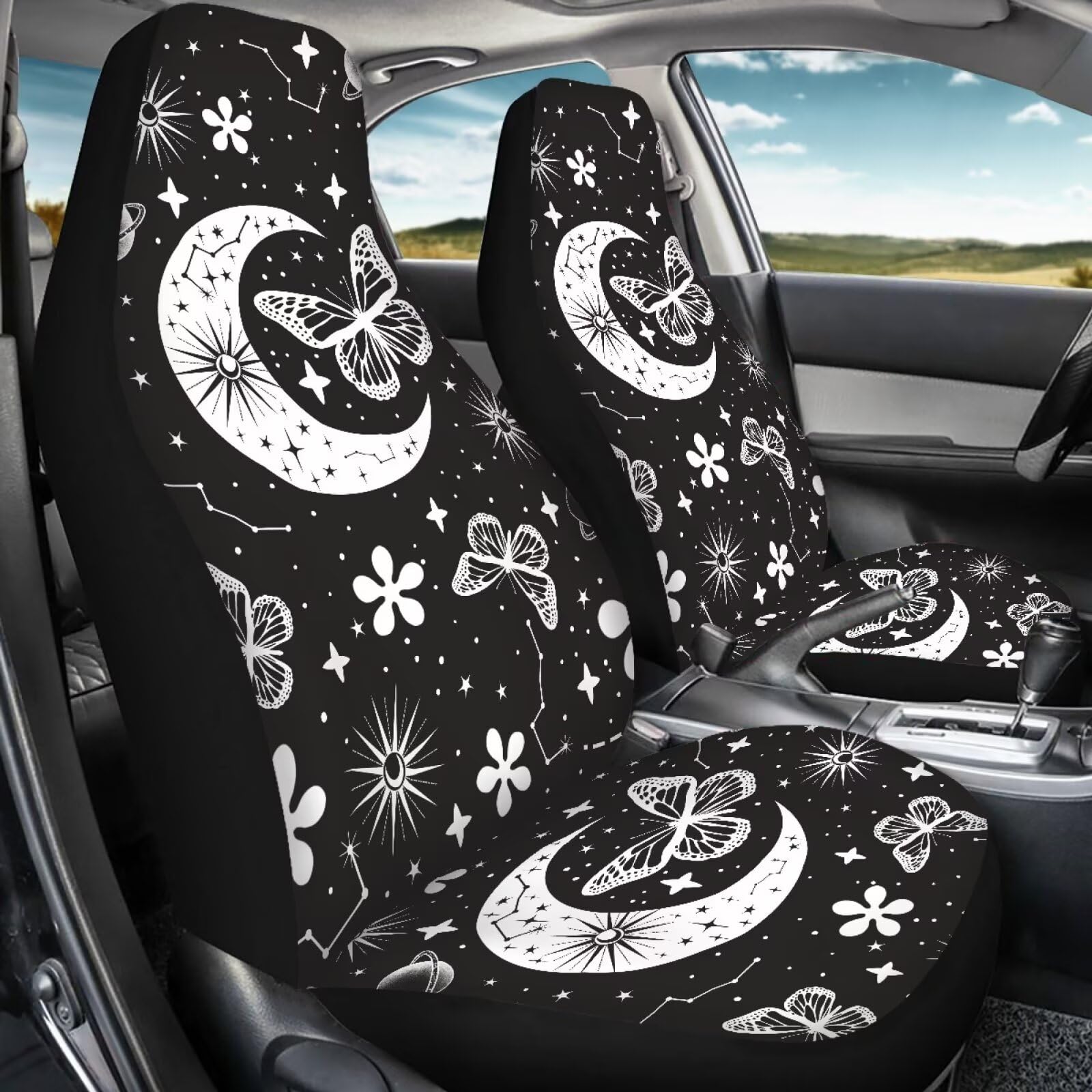 Bigcarjob Moon Butterfly Car Seat Cover Set For Front Seat Only,2 Pack Black Butterfly Auto Front Seat Protector Saddle Blanket