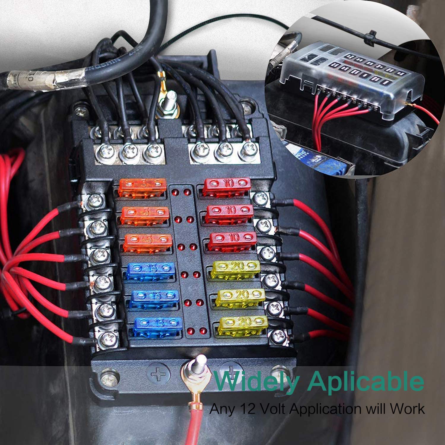 Deyooxi 12 Way 12V Blade Fuse Block,12 Circuit ATC/ATO Fuse Box Holder with LED Indicator Waterpoof Cover for 12V/24V Automotive