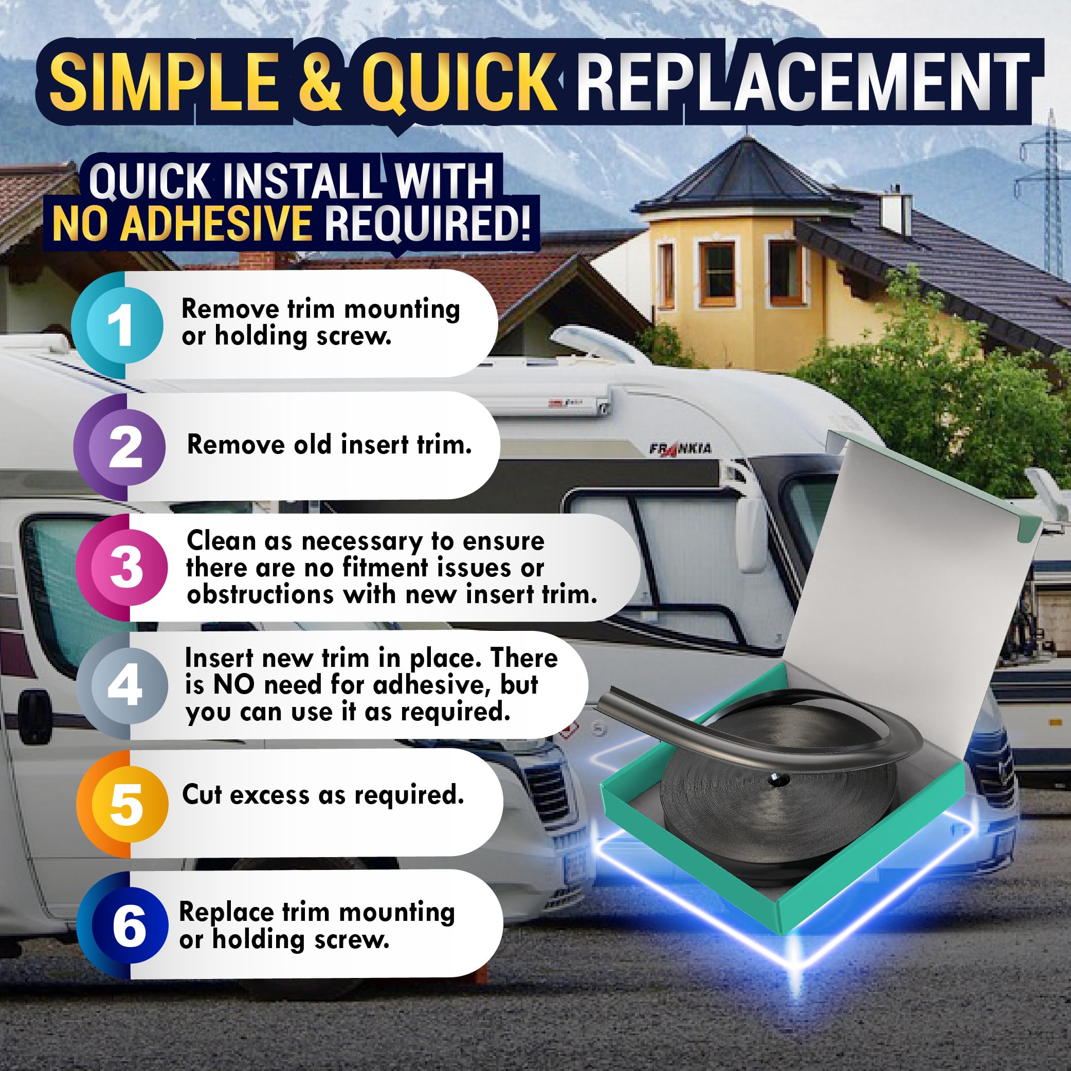 LATCH.IT Trim Molding Insert 7/8'' (Black) | 100 RV Molding Exterior | UV-Resistant | Ultra-Durable Vinyl RV Trim | Weatherproof