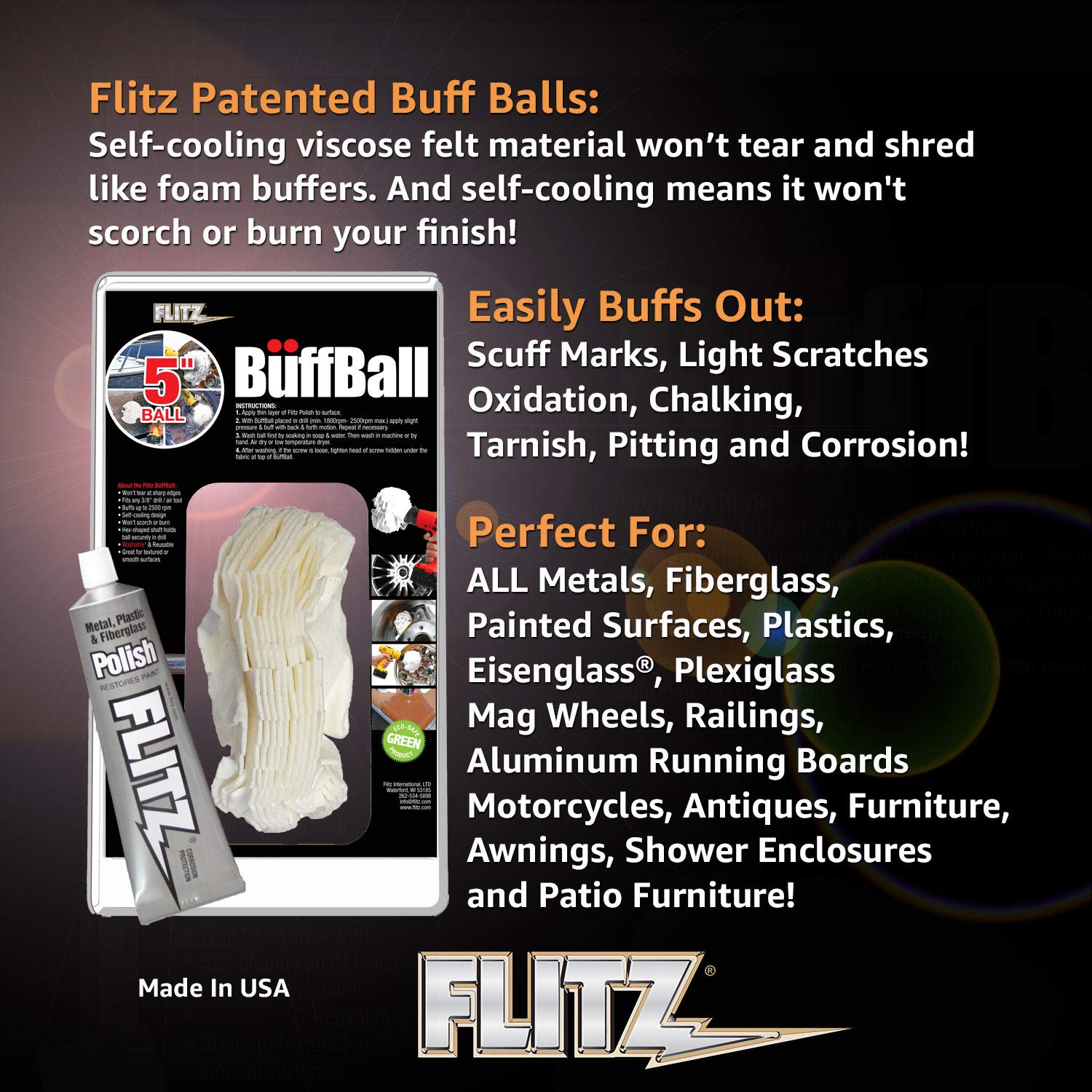 Flitz PB 101-50 Buff Ball Car Buffer Drill Attachment with Self-Cooling Design That Never Scorches or Burns + No Exposed Hardwar
