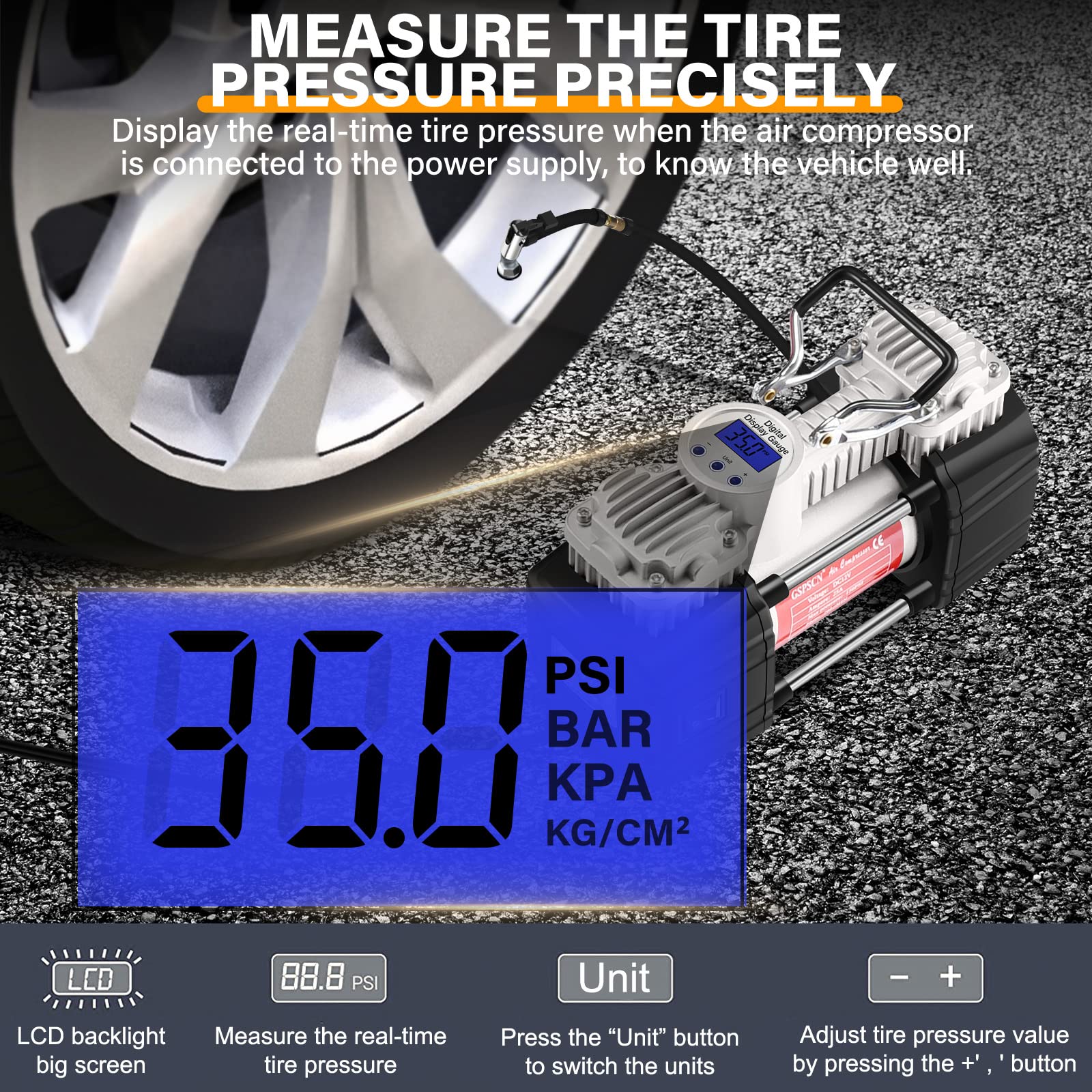 Gspscn Portable Air Compressor Pump Tire Inflator With Digital Gauge, Heavy Duty Double Cylinder 12V Tire Pump 150 Psi With Tire Repair Kit And Toolbox For Auto,Suv,Off-Road,Truck,Bike