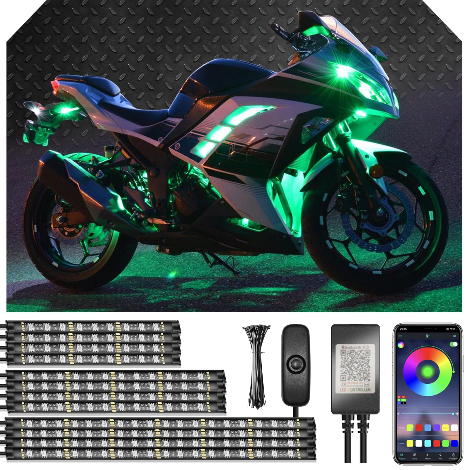 JJunLiM 12PCS Motorcycle Underglow LED Strip Light Kit Waterproof RGB Neon Accent Light Ground Effect Atmosphere Light Strips DC