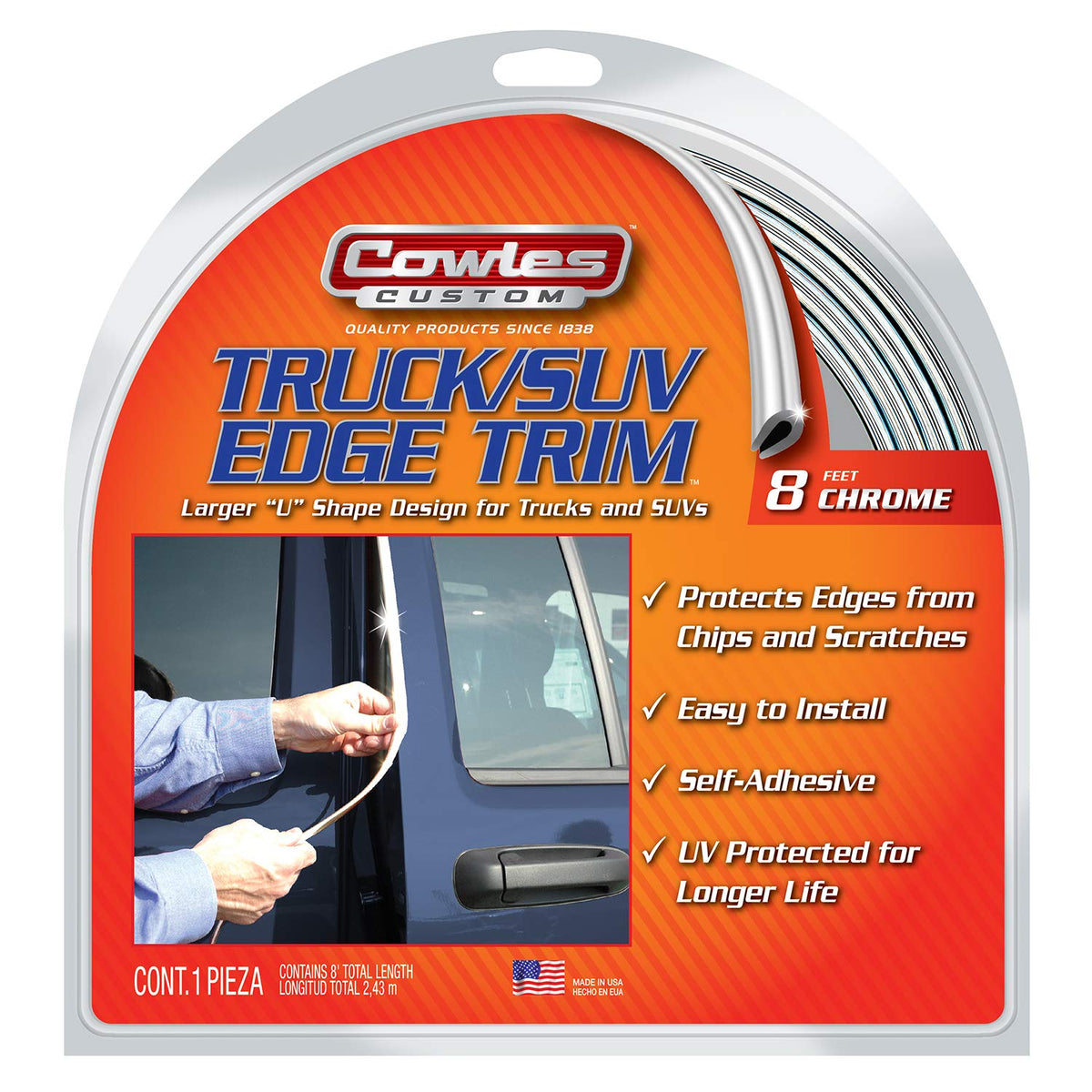 Cowles Custom - 8 Ft Of Chrome Truck/Suv Door Edge Guards, U-Shape Pvc Edge Trim Stays On With Self Adhesive Hot Melt Glue Prote