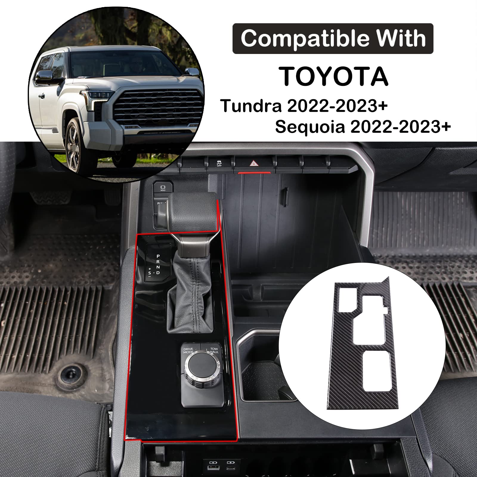 Aunginsy Center Control Gear Box Shift Knob Panel Sticker Cover Compatible With Toyota Tundra/Sequoia 2022-2024 Car Real Carbon