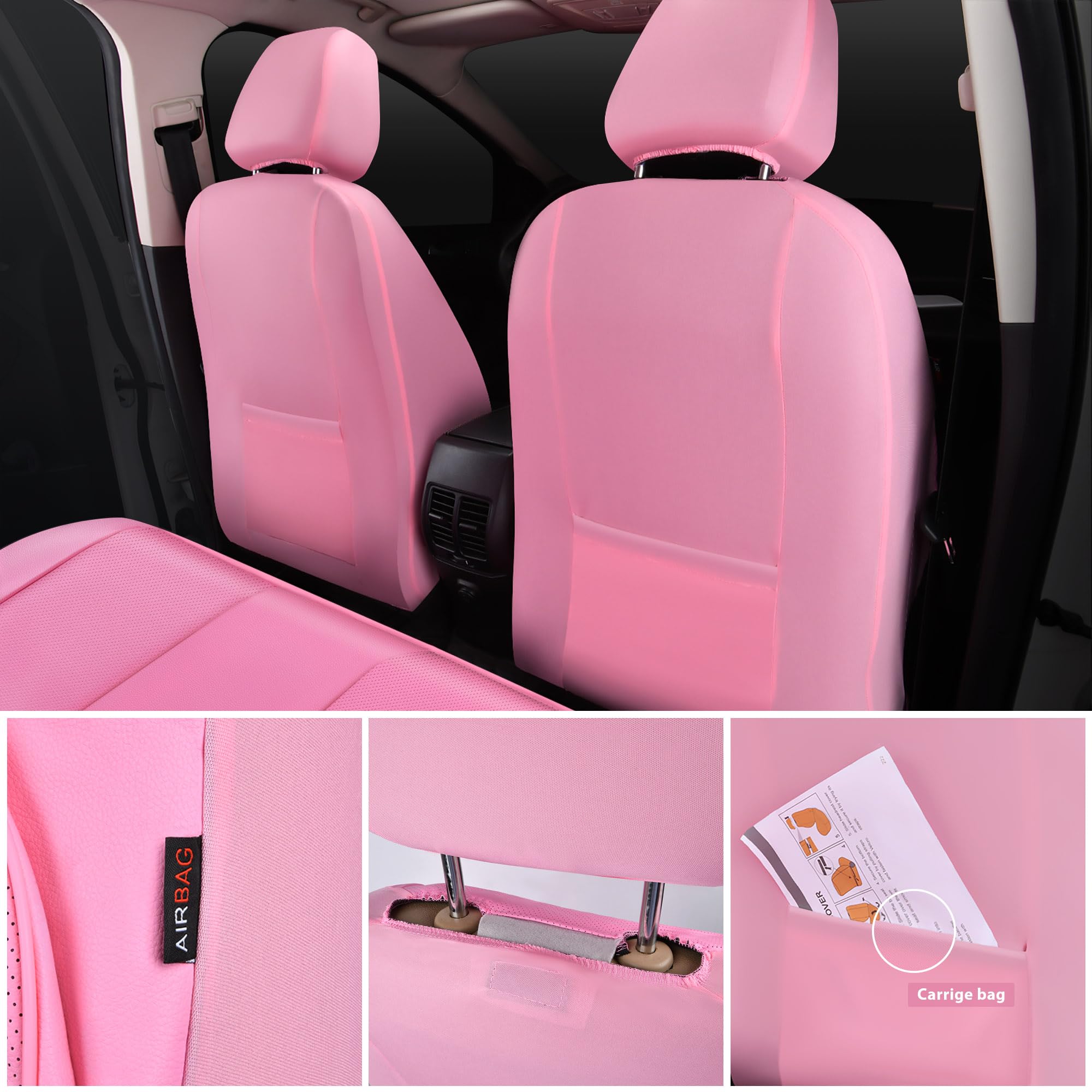 CAR PASS Pink Leather Seat Covers Full Set Universal Water Resistant 3D Foam Back Support, Luxury Comfort Automotive 5 Seat Cove