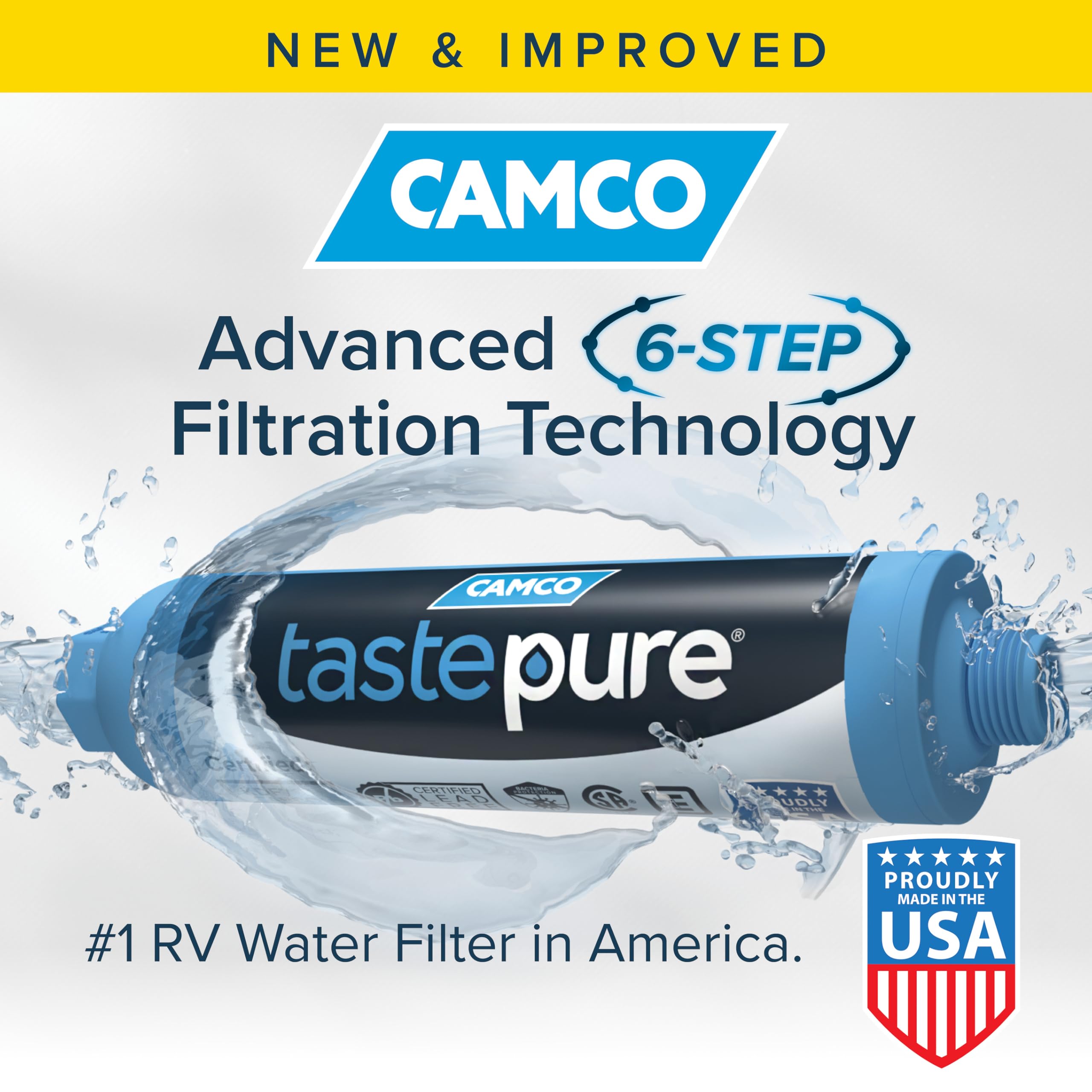 Camco Tastepure 20-Micron Wide-Body Inline Design Water Filter With Gac And Kdf Filtration For Rvs, Boats, Travel Trailers, And