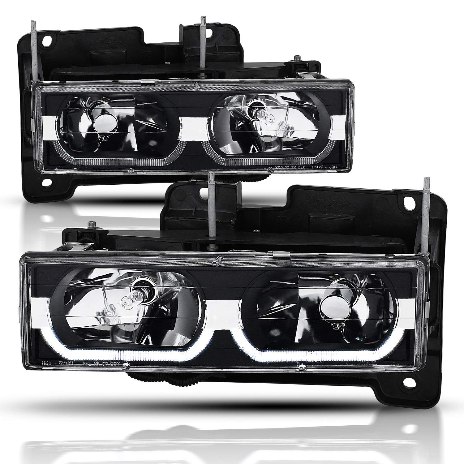 Amerilite Replacement Halogen Headlights Led Halo Bar For Chevy/Gmc Fullsize Truck;Suv - Passenger And Driver Side, Vehicle Light Assembly, Black