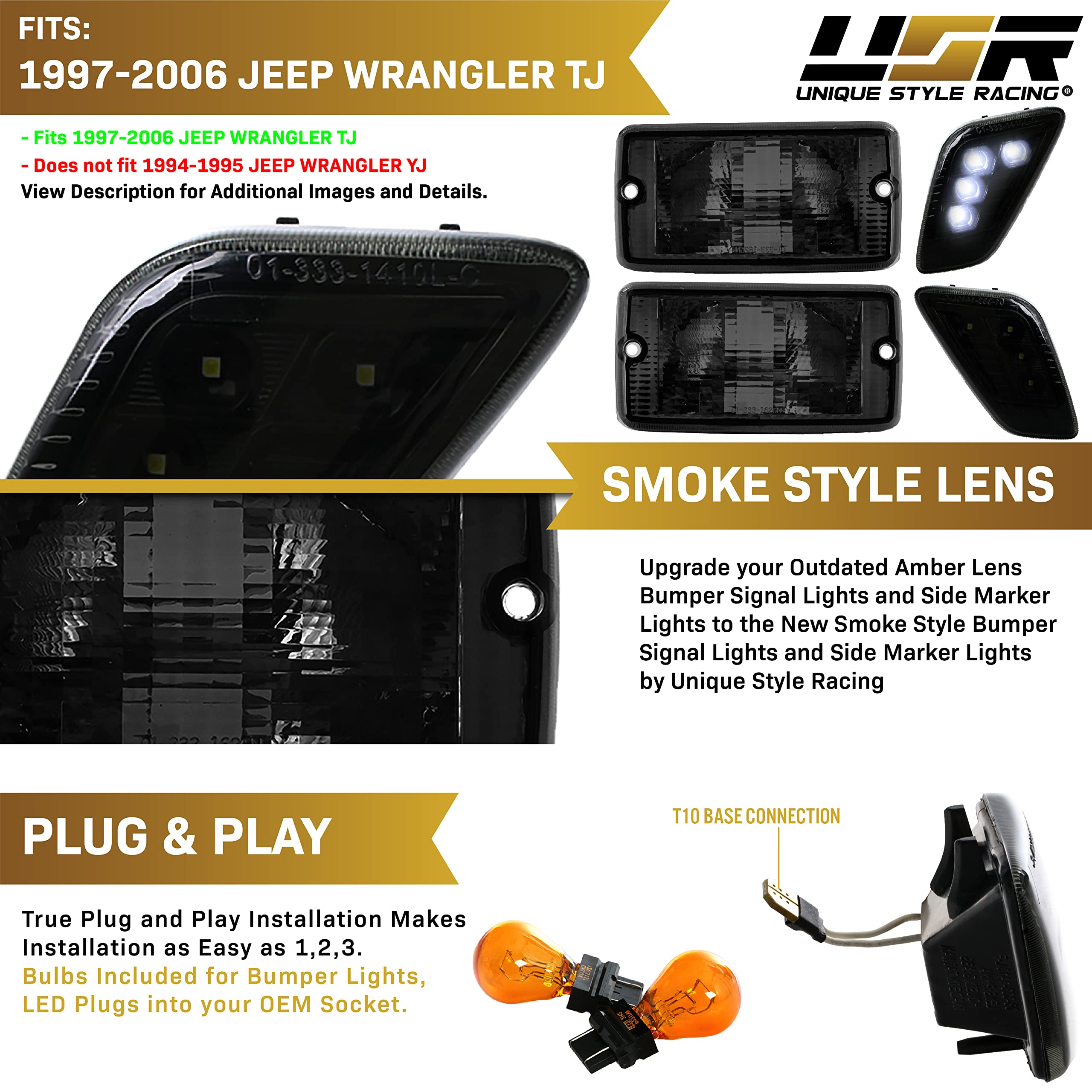 Usr Depo Tj Led Side Marker Lights - 4 Pieces Combo Smoke Bumper Turn Signal Lamps + Led Fender Sidemrkers Light Compatible With