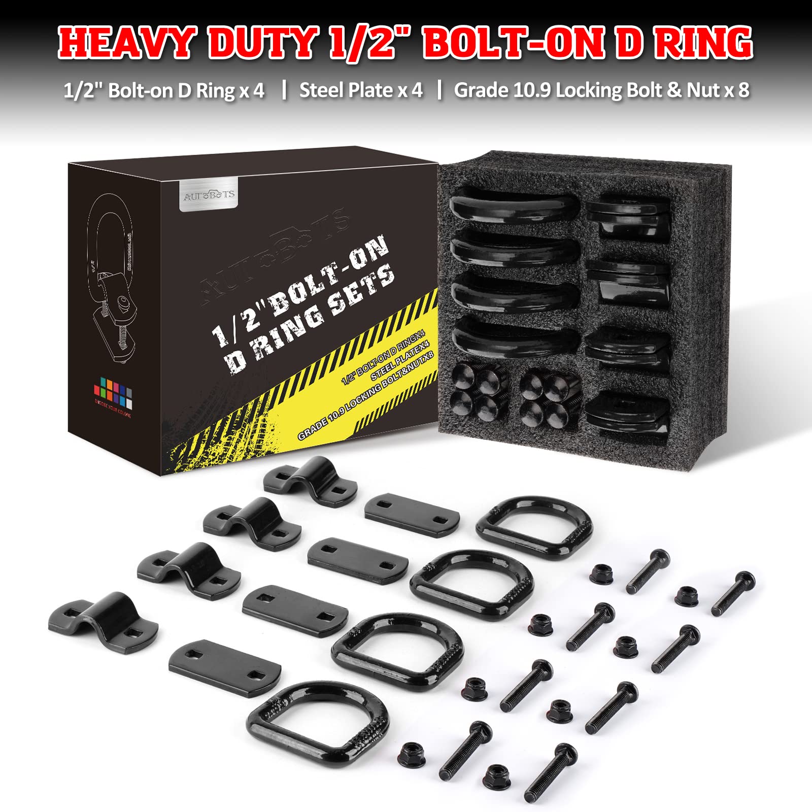 Autobots 1/2 Heavy Duty Bolt-On Forged D Ring, 12000Lbs Break Strength Tie Down Anchors Hooks, For Trailers, Trucks, And Cargo Tie Downs (Pack Of 4) Black