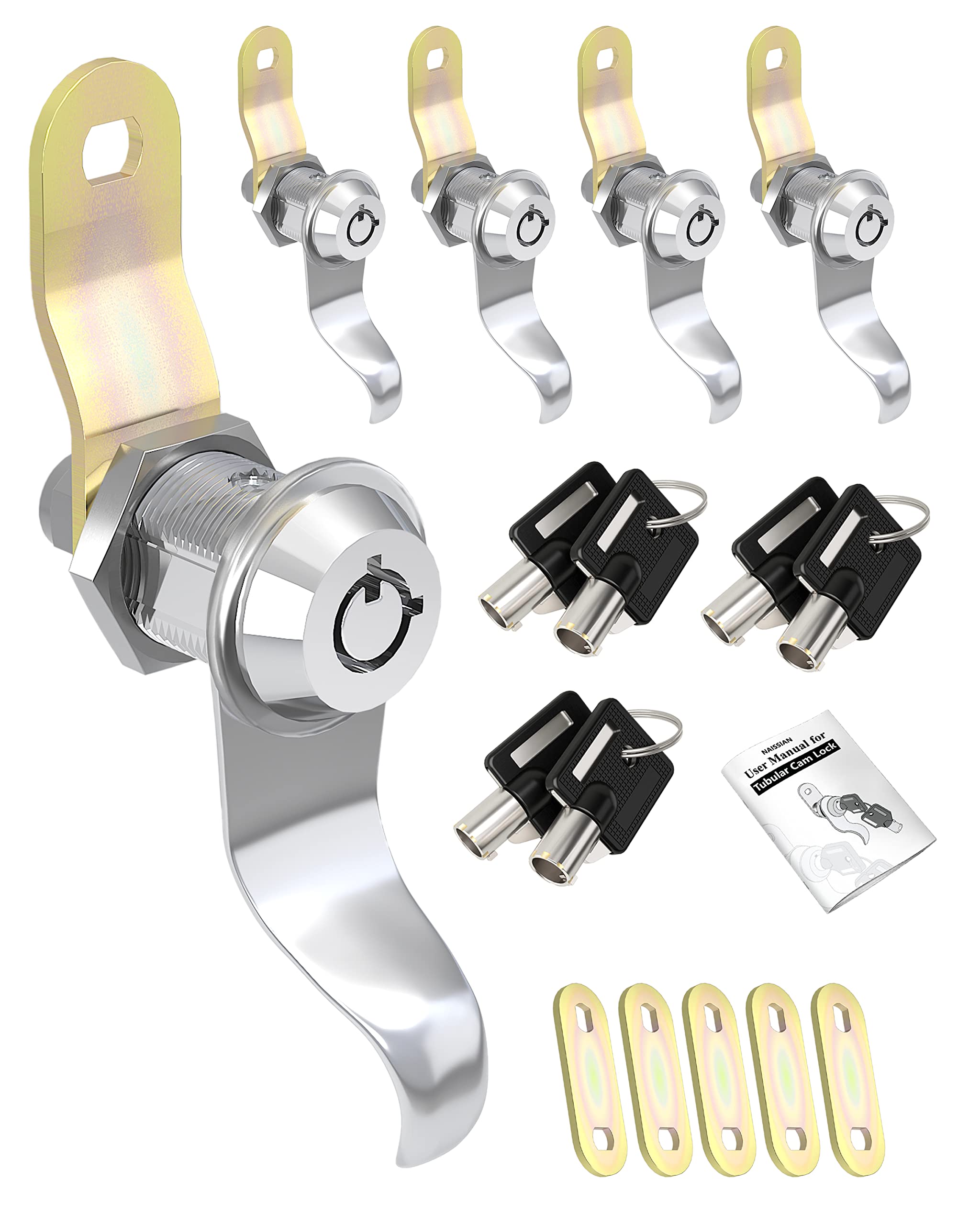 Naissian RV Locks - 7/8" Metal Storage Door Locks, Silver, Pack of 5 with 6 Alike Keys for Camper, Travel Trailer, Cabinet