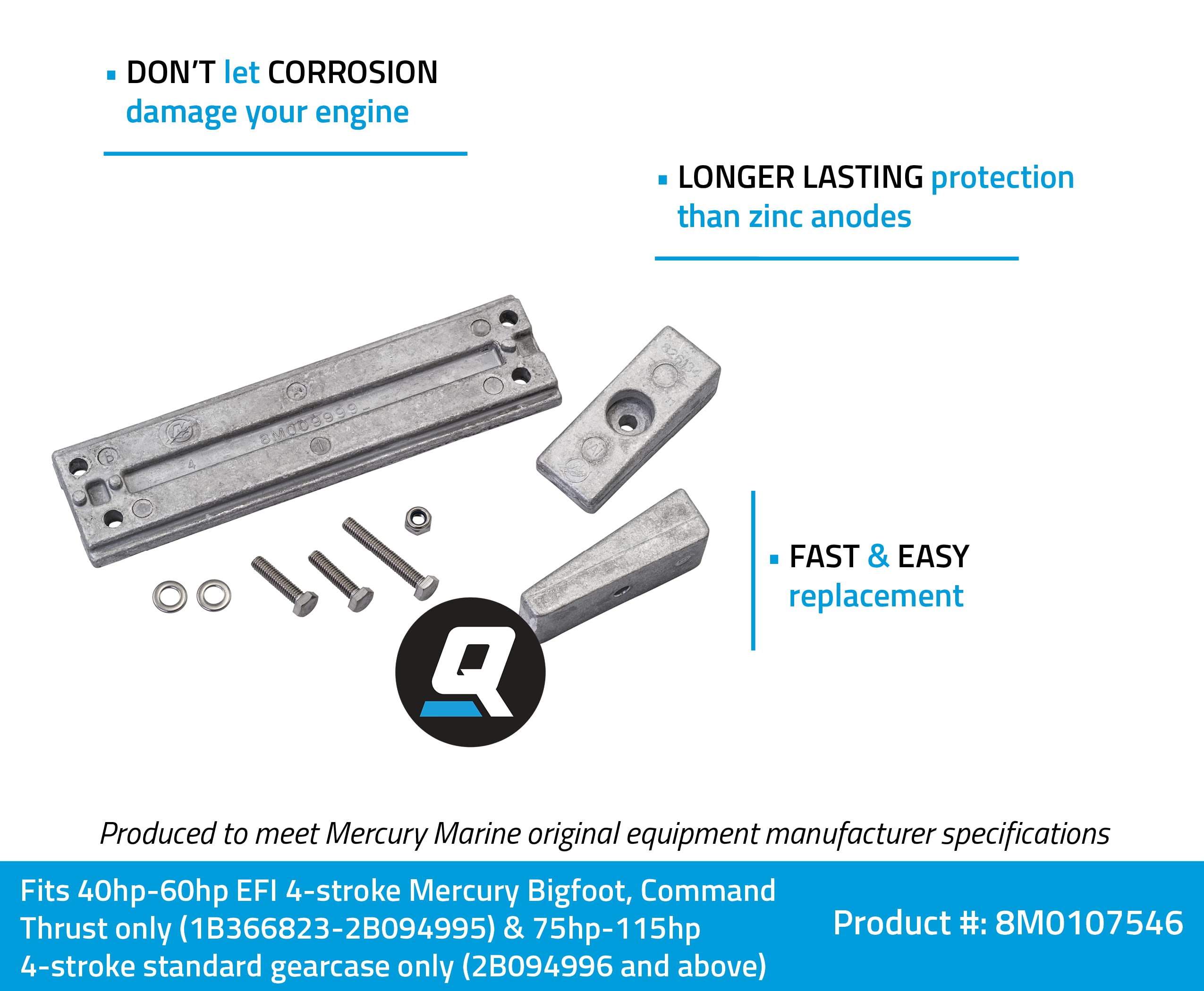 Quicksilver 8M0107546 Aluminum Anode Kit For Select Mercury 40-115 Hp Outboards