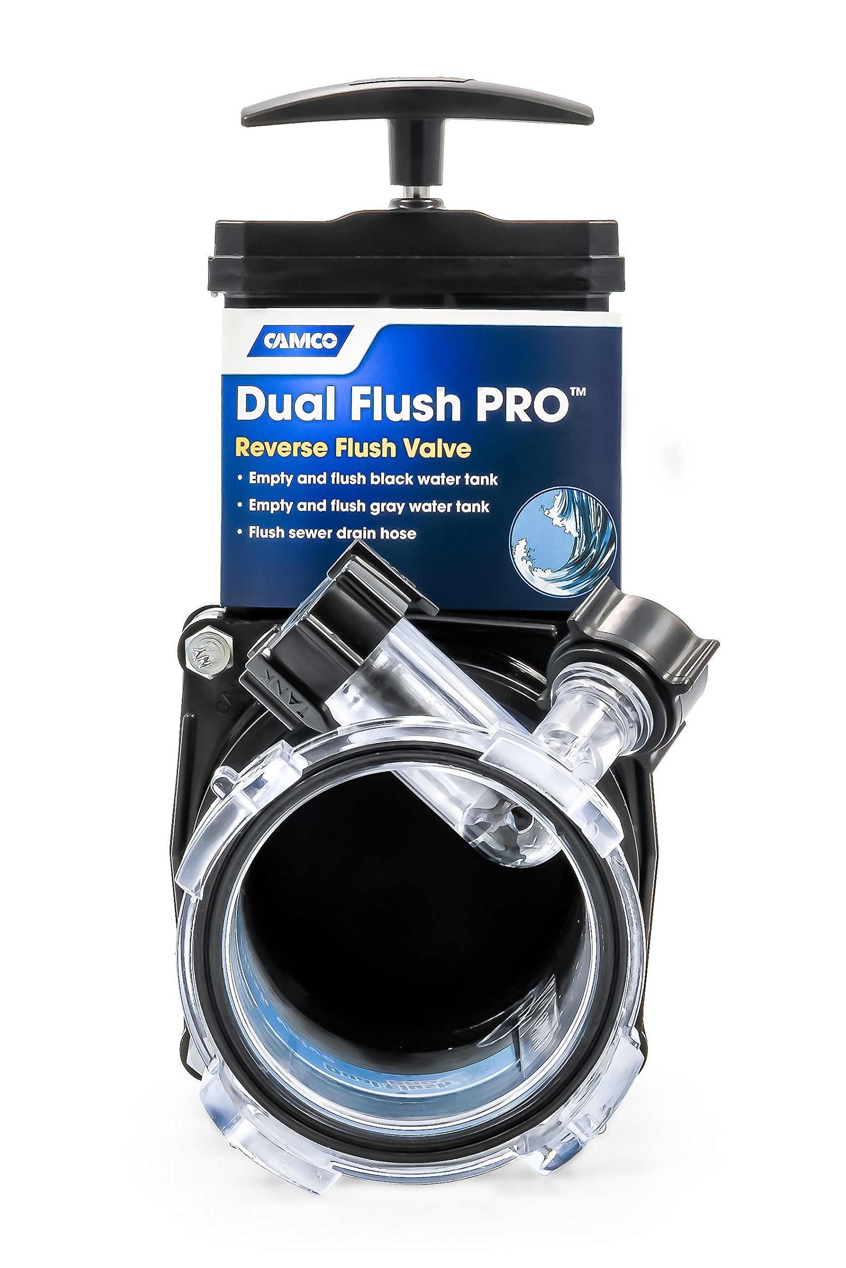 Camco Dual Flush Pro Camper/RV Holding Tank Rinser - Features 3-Inch Gate Valve & Reverse Flush Valve - Empties & Flushes RV Bla