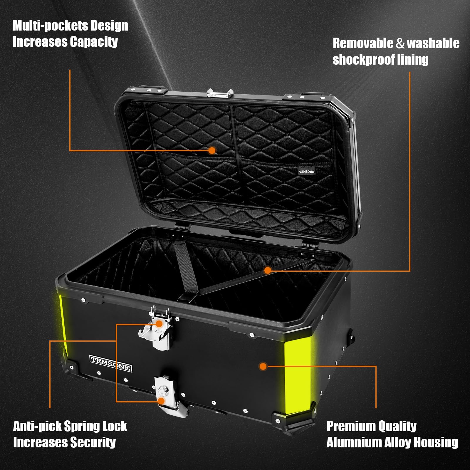 Temsone 45L Universal Motorcycle Top Case, Motorcycle Tail Box With Backrest & Handle, Waterproof Motorcycle Rear Top Box, Dual-Key Storage Carrier Case, Aluminum Trunk Tour Tail Box For Store Helmet